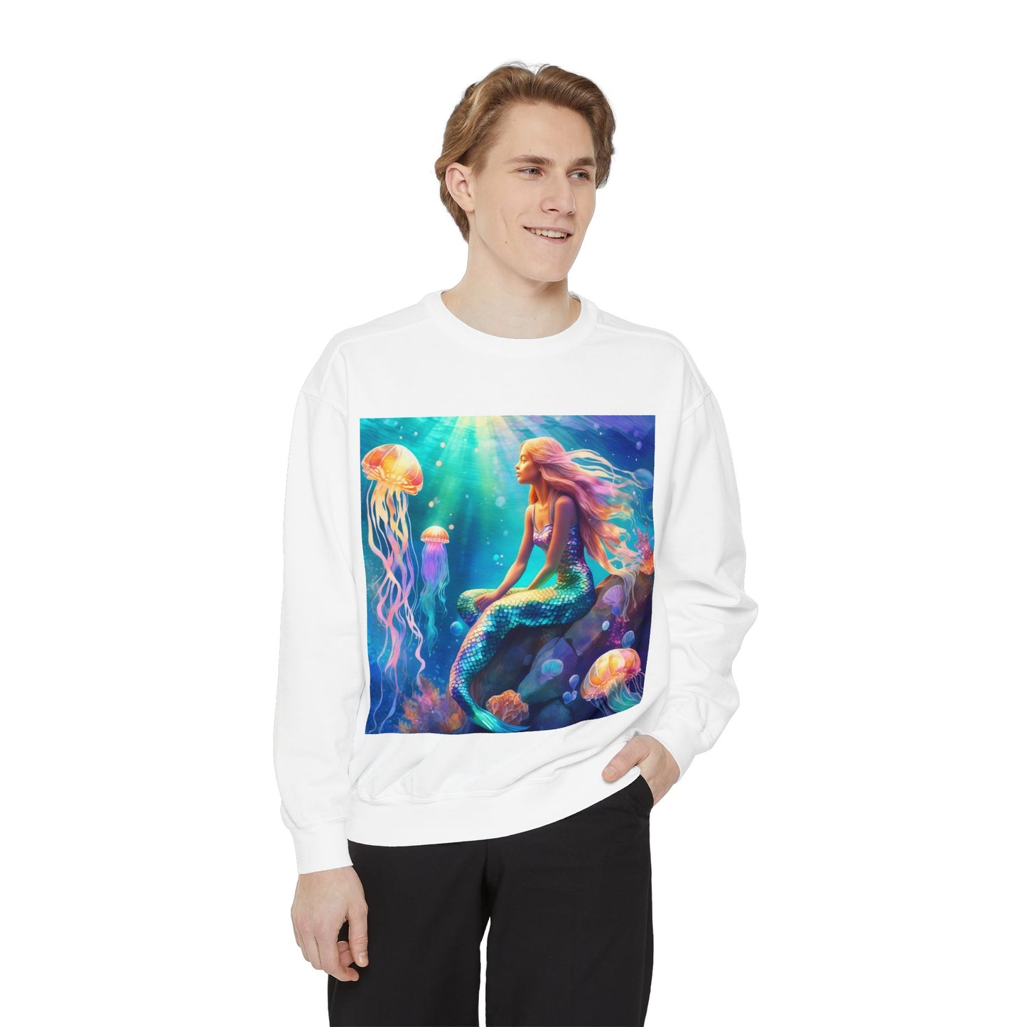 Mermaid Sweatshirt, Ocean Mermaid Sweatshirt, Mermaid Lovers Gift, Jelly fish and Mermaid sweatshirt, Colorful Mermaid Sweatshirt, Unisex Garment-Dyed Sweatshirt.