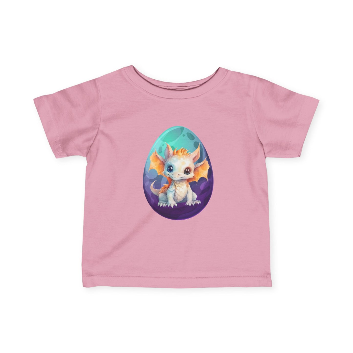 Dino Egg Infant Tee, Turquoise and Purple Baby T-Shirt, Cute Baby Dinosaur Graphic, Infant Fine Jersey Tee, Dino-Themed Baby Apparel, Vibrant and Playful Baby T-Shirt.