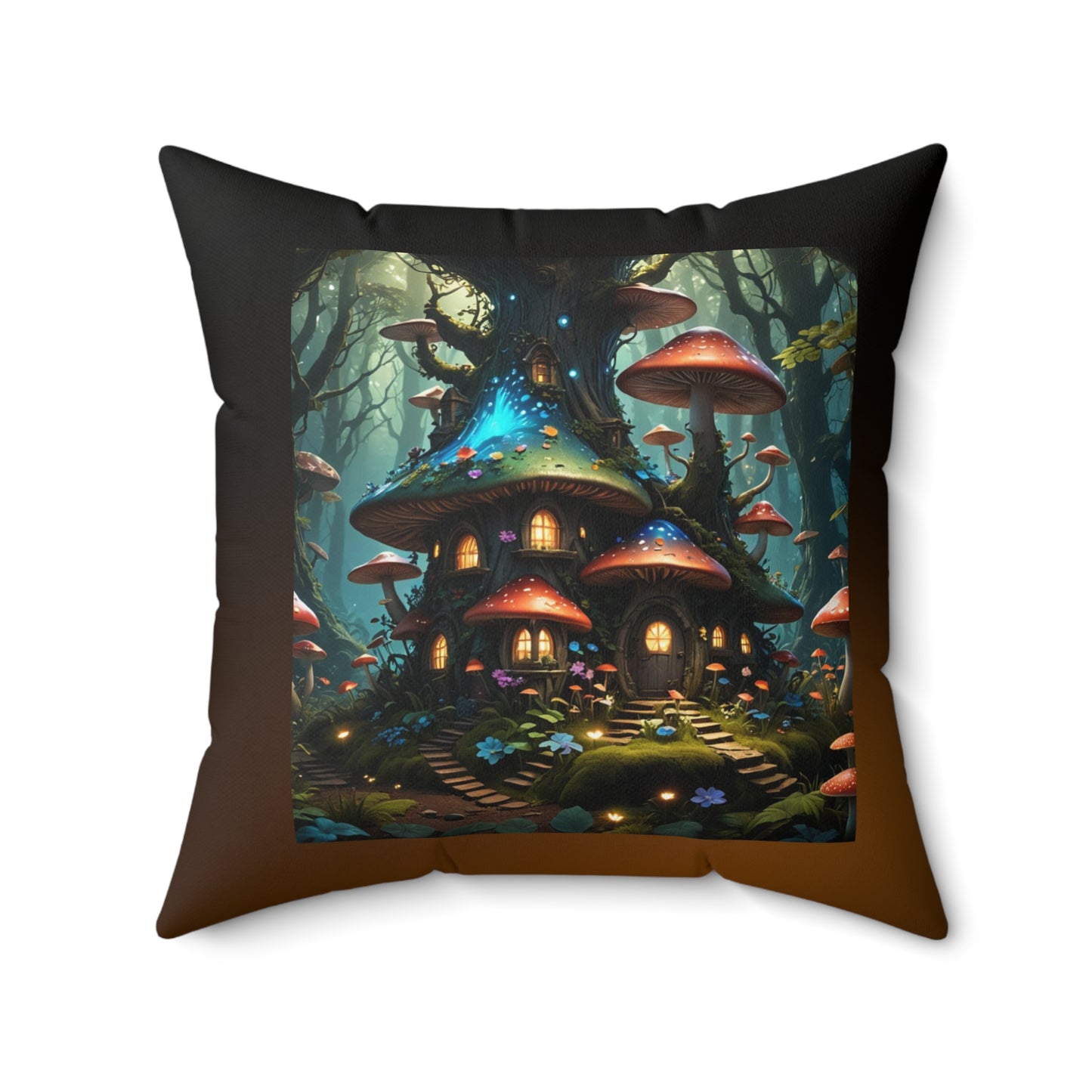 Mushroom Tree House Pillow, Fantasy-Themed Square Pillow, Nature-Inspired Pillow, Whimsical Home Decor, Spun Polyester Throw Pillow; Mushroom house Spun Polyester Square Pillow