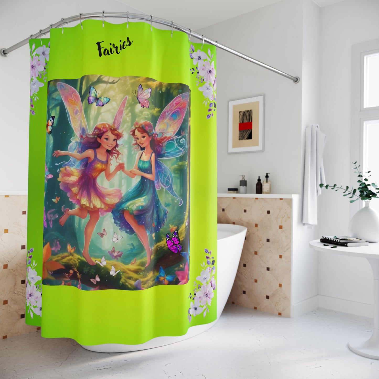 Child Fairies Shower Curtain, Fairy-Themed Bathroom Decor, Lime Green Shower Curtain, Kids Fairy Bathroom Accessories, Magical Shower Curtain