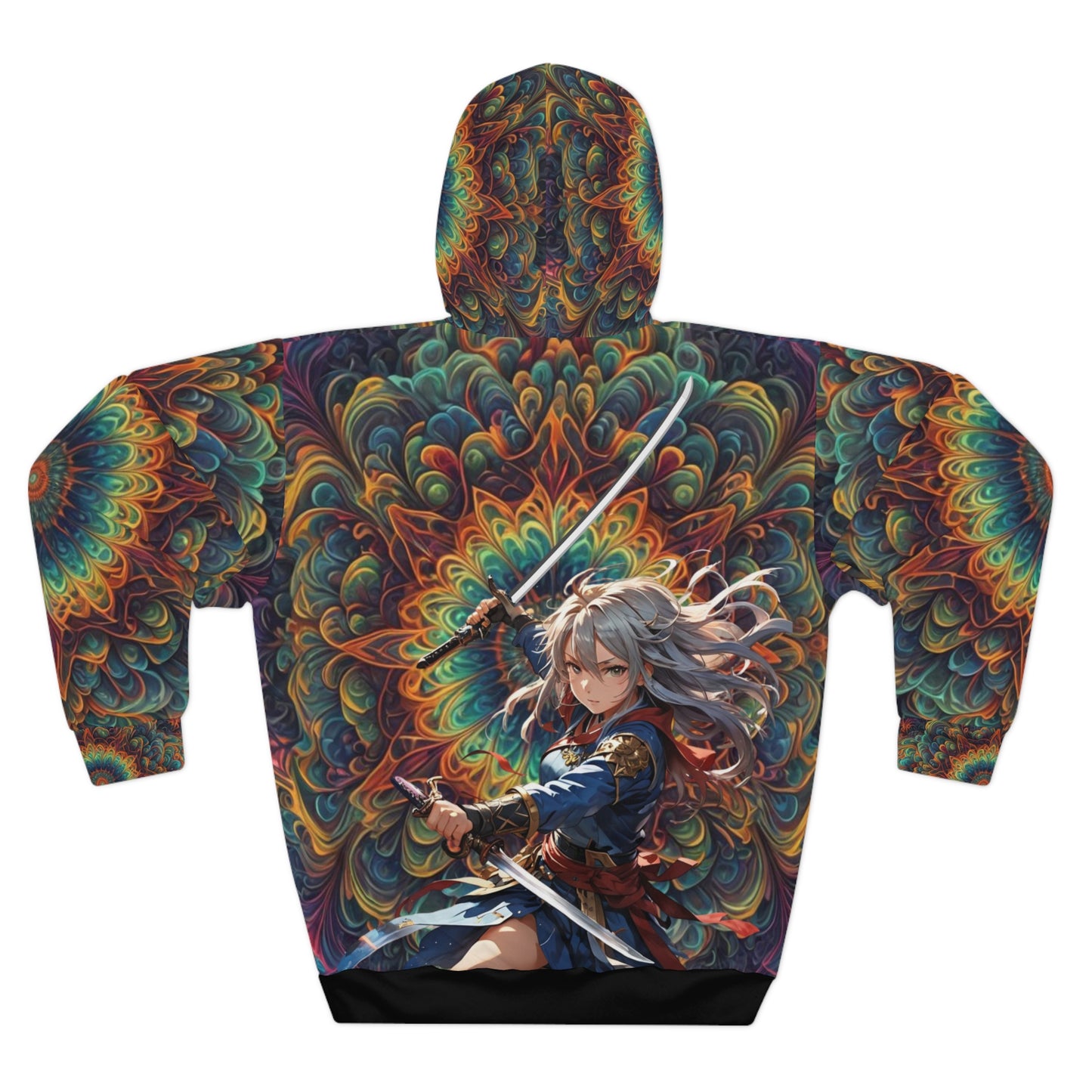 Anime Warrior Girl Hoodie, Colorful Samurai Hoodie, All-Over Rainbow Hoodie, Katana Girl Graphic Hoodie, Streetwear Rainbow Hoodie, Gift for Anime Lovers.