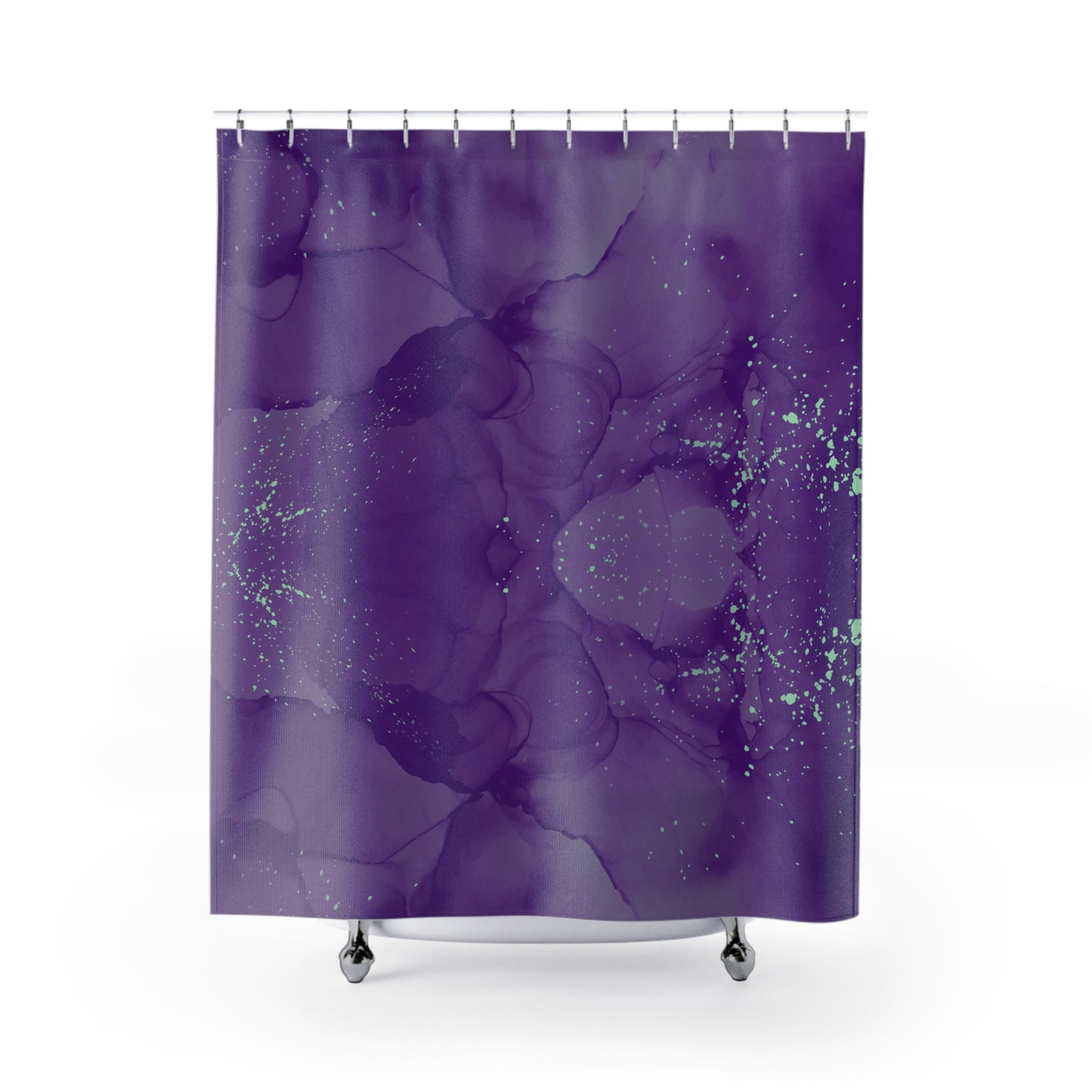 Purple Light Green Specks Shower Curtain, Vibrant Bathroom Decor Curtain, Decorative Speckled Design Shower Curtain, Housewarming gift shower curtain.