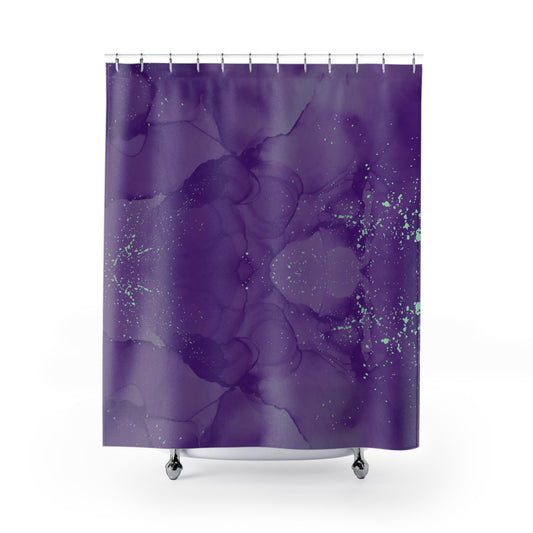 Purple Light Green Specks Shower Curtain, Vibrant Bathroom Decor Curtain, Decorative Speckled Design Shower Curtain, Housewarming gift shower curtain.