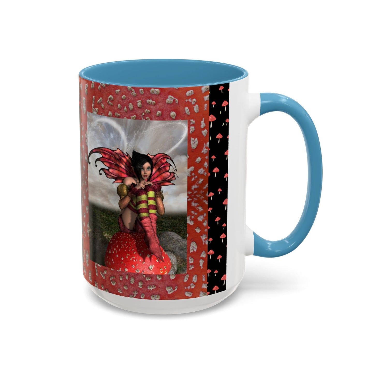 Fairy Coffee Mug, Red Mushroom Fairy Cup, Whimsical Ceramic Mug, Black and Red Mushroom Mug, Nature-Inspired Drinkware, Magical Fairy Tale Coffee Cup, (11, 15oz)