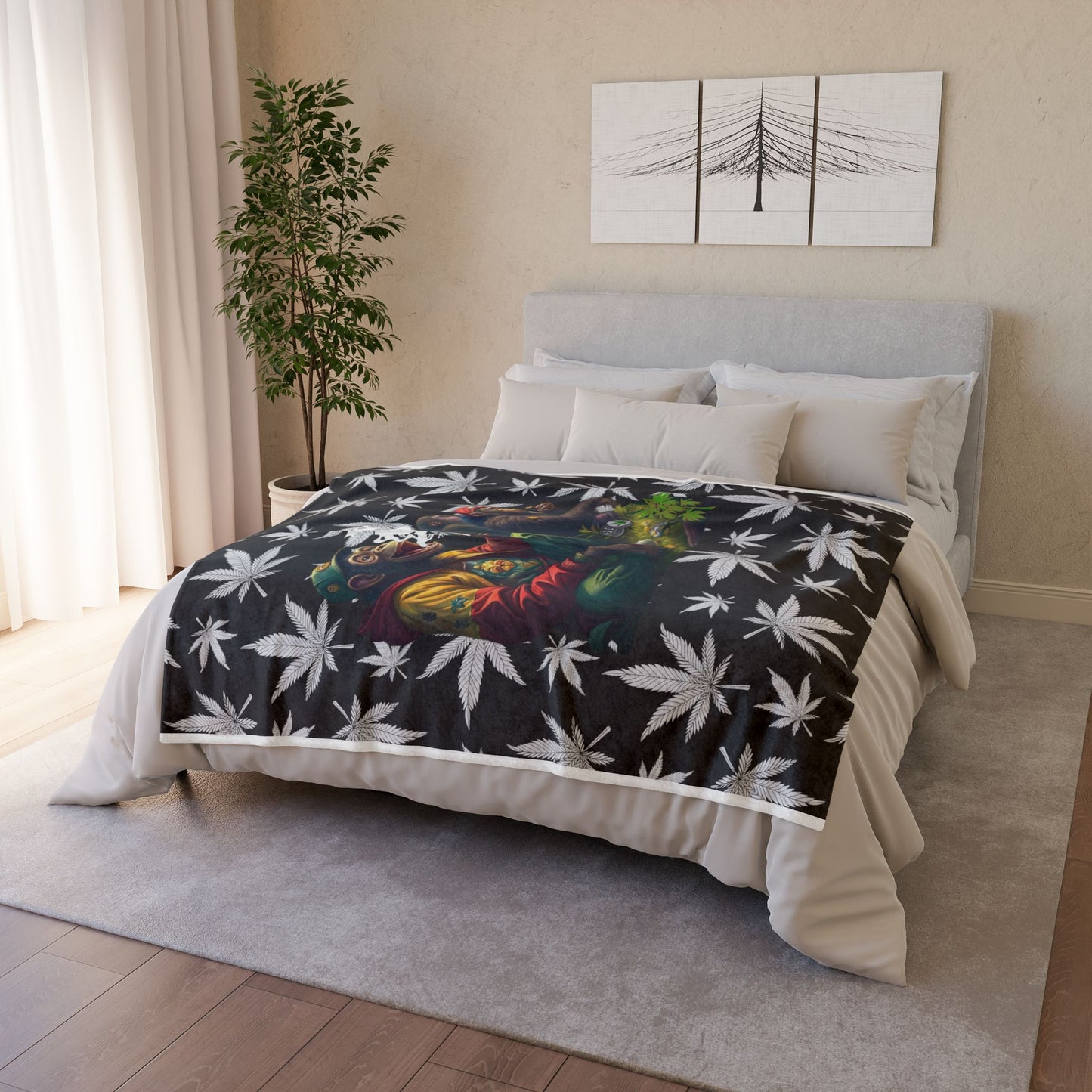 Funny Monkeys Smoking Weed Blanket, Whimsical Grass Scene Throw Blanket, Soft Polyester Stoner Blanket, Cannabis-Inspired Cozy Blanket, Playful Laughter Scene Bedding