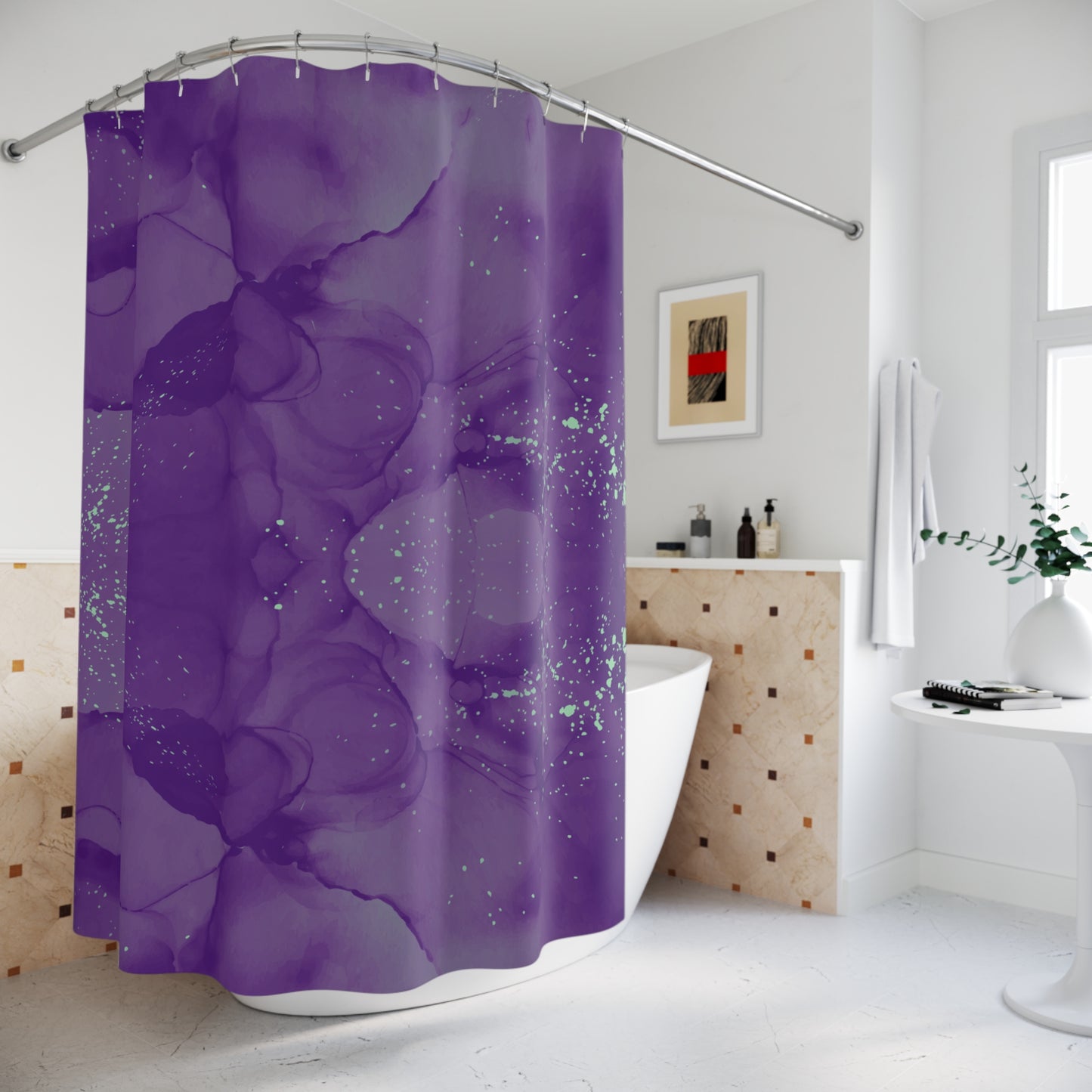 Purple Light Green Specks Shower Curtain, Vibrant Bathroom Decor Curtain, Decorative Speckled Design Shower Curtain, Housewarming gift shower curtain.