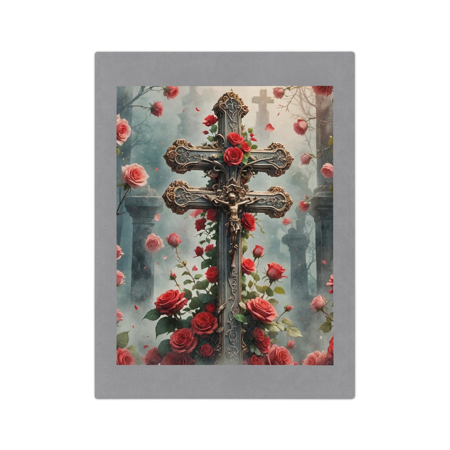 Jesus on the Cross Throw Blanket, Religious Velveteen Blanket, Faith-Inspired Home Décor, Christian Symbolism Blanket, Red Roses and Cross Design Blanket,