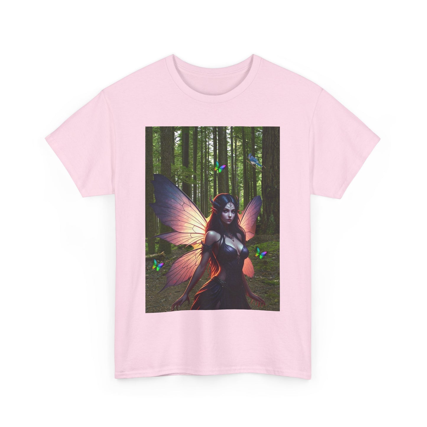 Fairy in the Woods Tee, Unisex Fantasy Tee, Rainbow Butterflies Shirt, Unisex Heavy Cotton Tee, Fairy gift Idea for her, Enchanted Tee.