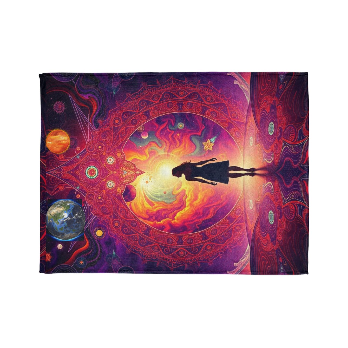 Galaxy-themed blanket, Mystical altar design, Woman in space Spiritual deco,Soft Polyester Blanketr Cosmic, scene Celestial Blanket, sunrise Universe and stars Blanket, Sun rising in galaxy.