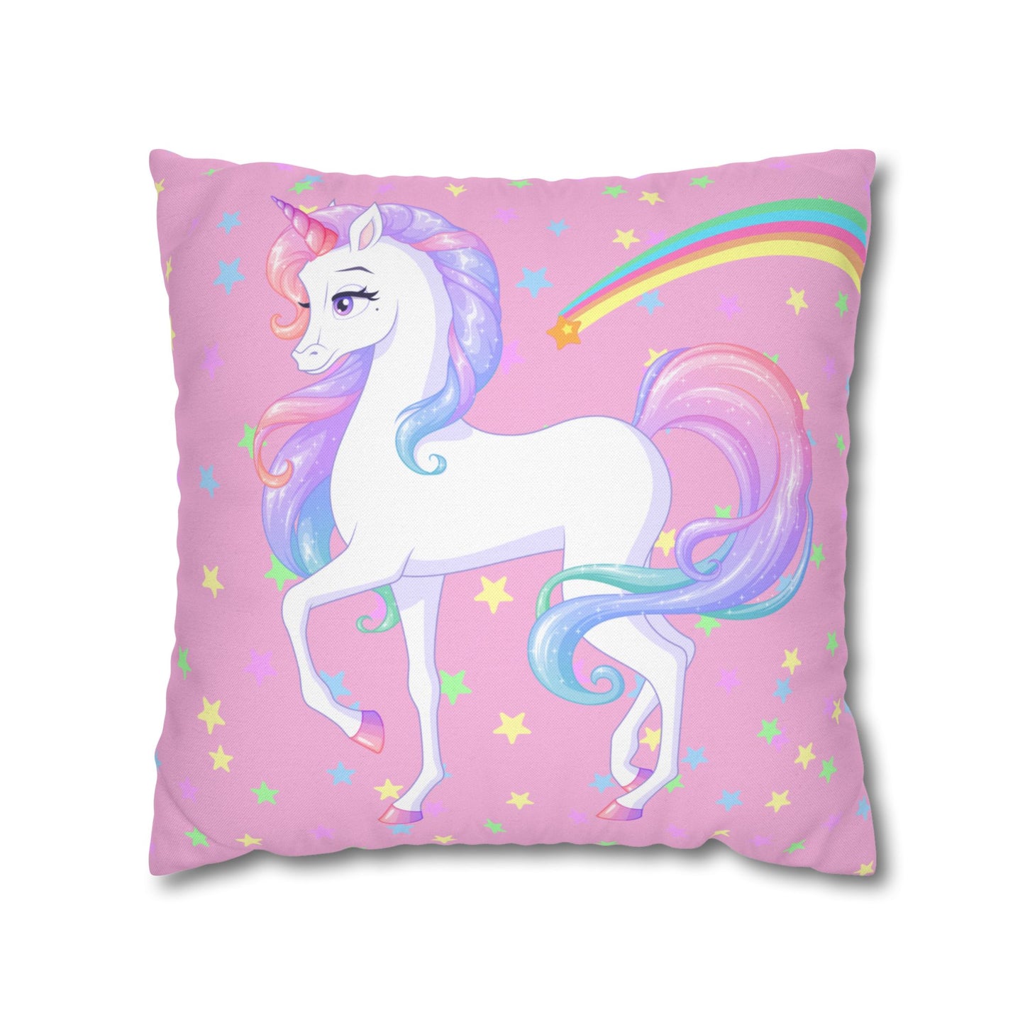 Pink Unicorn Square Pillowcase, Rainbow and Stars Pillow Cover, Magical Unicorn Bedroom Accent, Girls' Room Decorative Pillowcase.