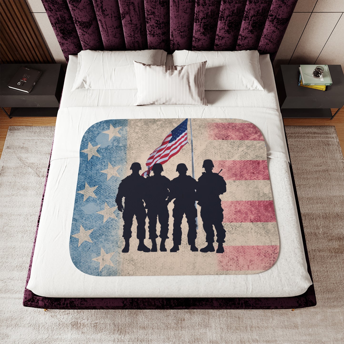 Army men blanket, military blanket, patriotic sherpa blanket, American flag blanket, soldiers and flag design, military tribute blanket, soft sherpa throw, USA pride blanket, Sherpa Blanket.