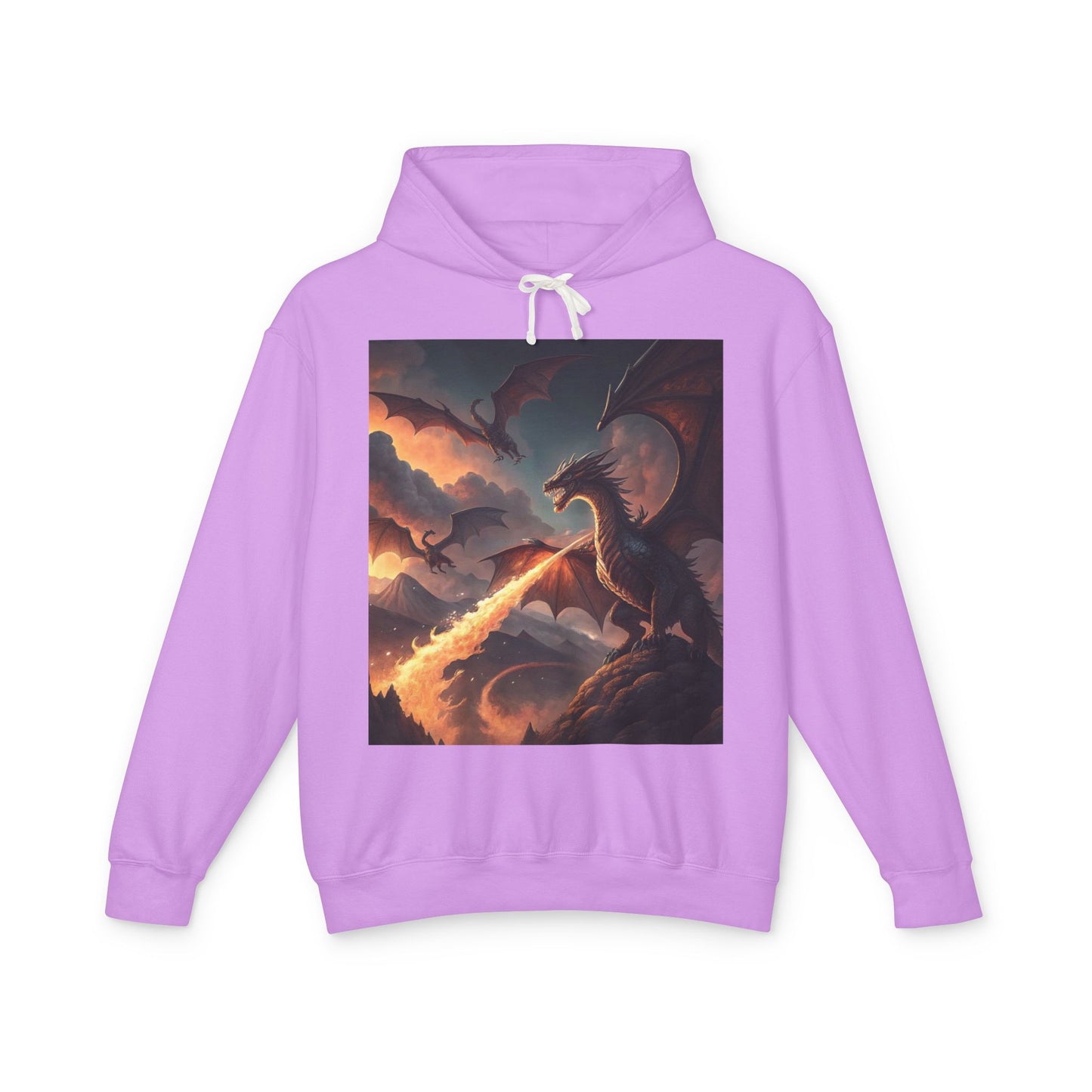 Dragon Graphic Hoodie, Fire-Breathing Dragon Pullover, Pocket-Free Dragon Hoodie, Fantasy-Inspired Hoodie, Mythical Creature Hooded Sweatshirt, Sleek Dragon Apparel.