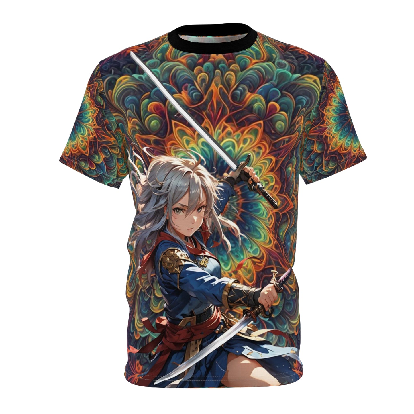 Rainbow Katana Girl T-shirt, Anime Sword Girl Tee, Colorful Samurai Girl T Shirt, All-Over Print Rainbow Graphic Tee, Gift for Anime Lovers,