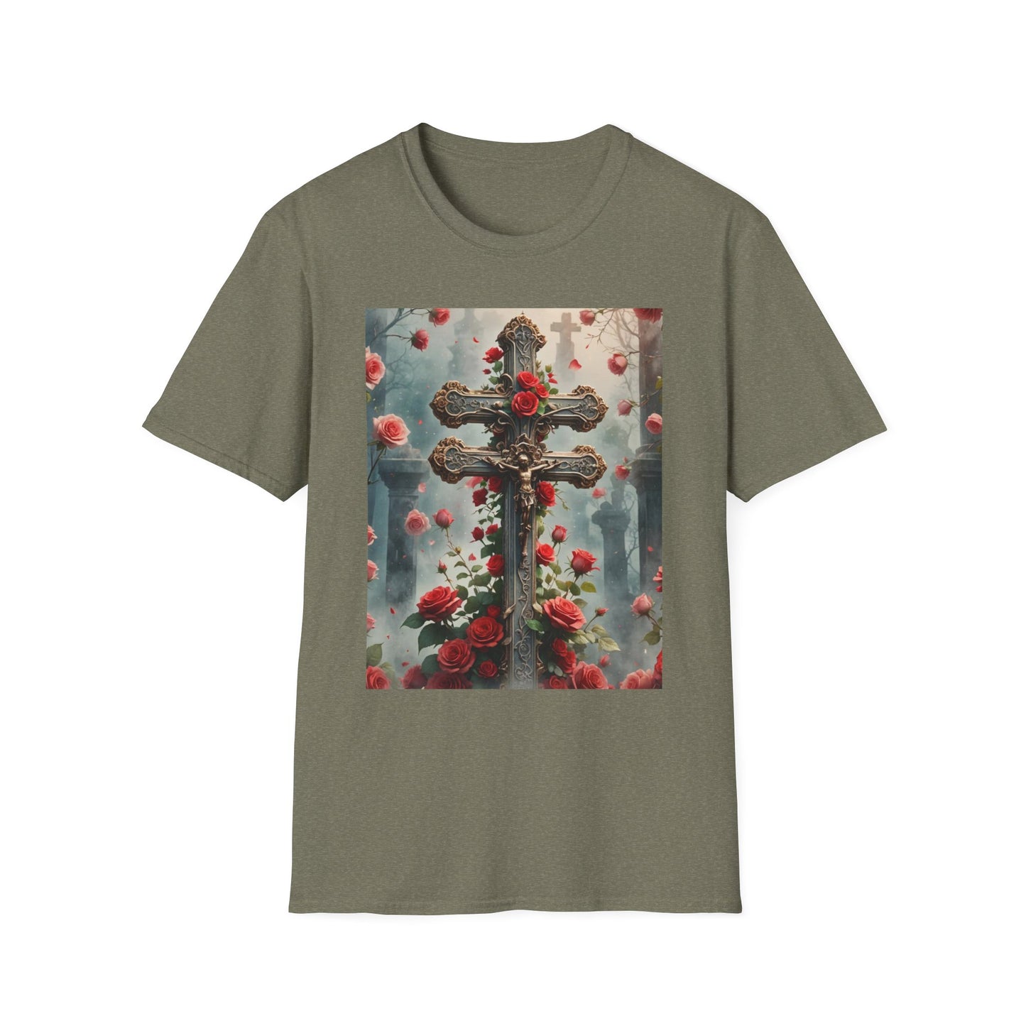 Cross and Roses T-Shirt, Jesus on the Cross Tee, Religious Graphic Tee, Faith-Inspired Apparel Christian Symbolism Shirt, Jesus and Cross Graphic Tee.