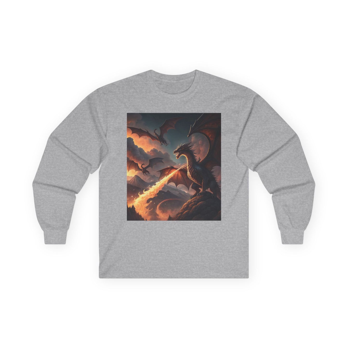 Smoky Background Dragon Apparel, Mythical Creature Long Sleeve Shirt, Dragon Design Long Sleeve, Comfortable and Stylish Fantasy Shirt, Adventure-Inspired Long Sleeve.