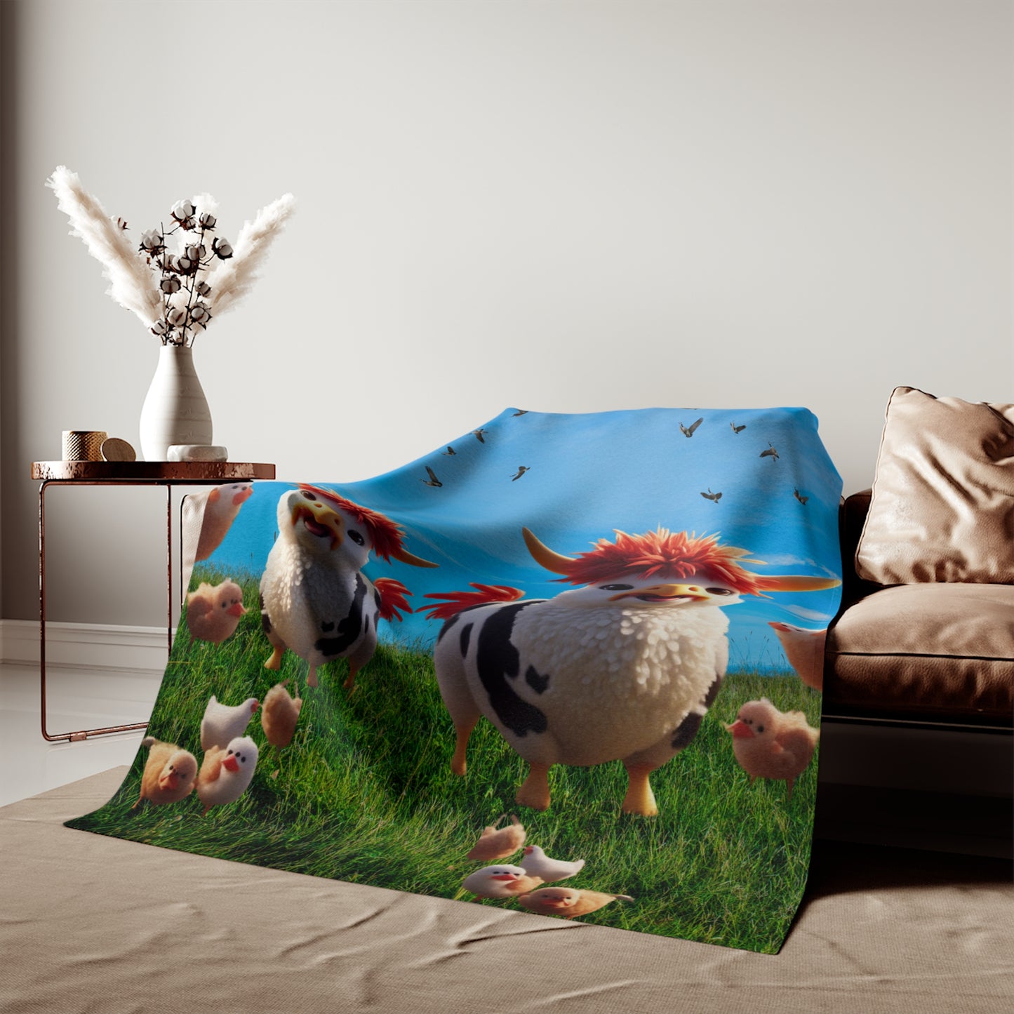 Cow Chicken Blanket, Whimsical Animal Blanket, Farmyard Fantasy Blanket, Mama and Baby Cow-Chickens Blanket, Cozy Country-Themed Blanket, Sweatshirt Blanket.