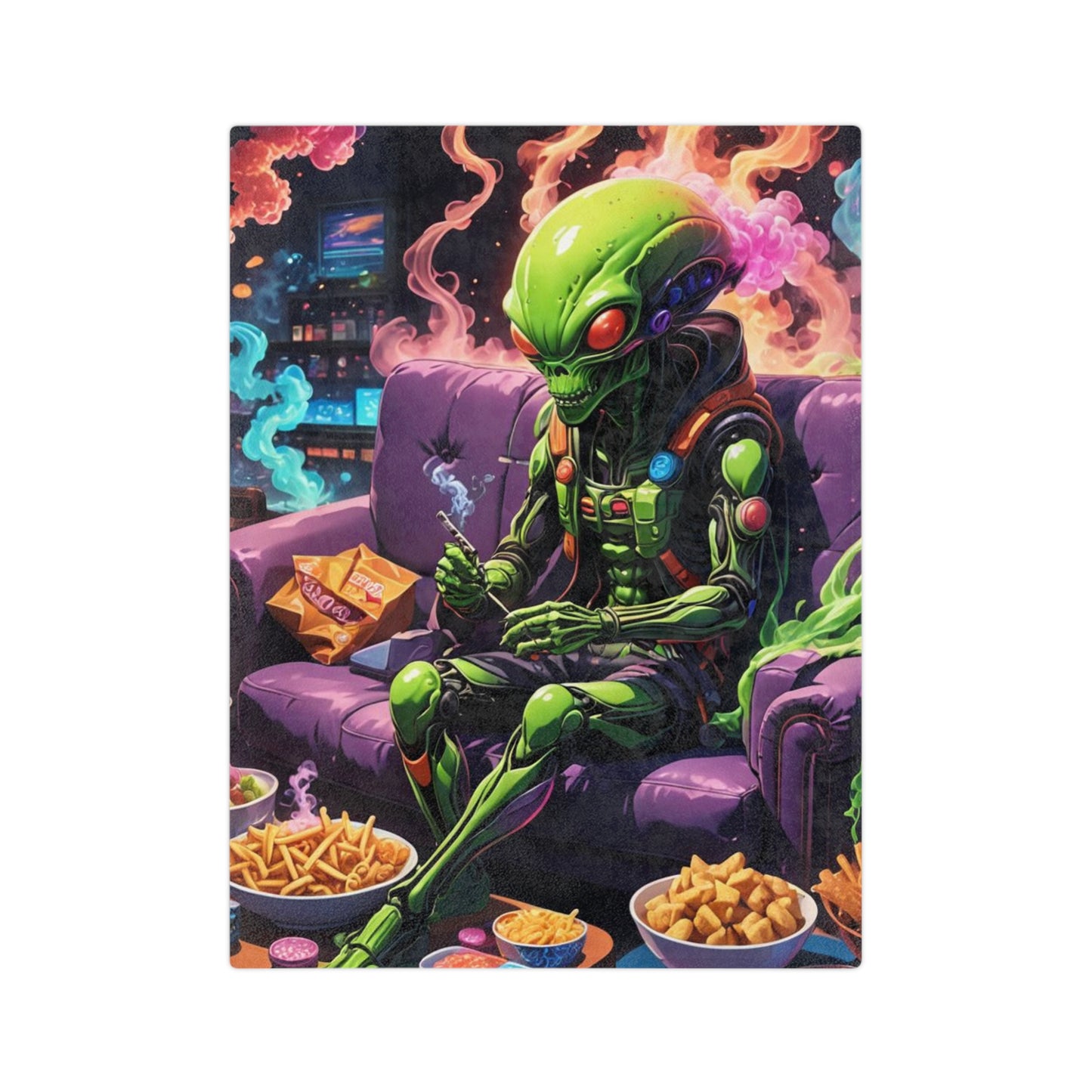 Fun and Quirky Alien Design Mary Jane Themed Blanket, Chill Vibes Velveteen Blanket, Velveteen Microfiber Blanket, Rainbow Smoke Cozy Blanket.