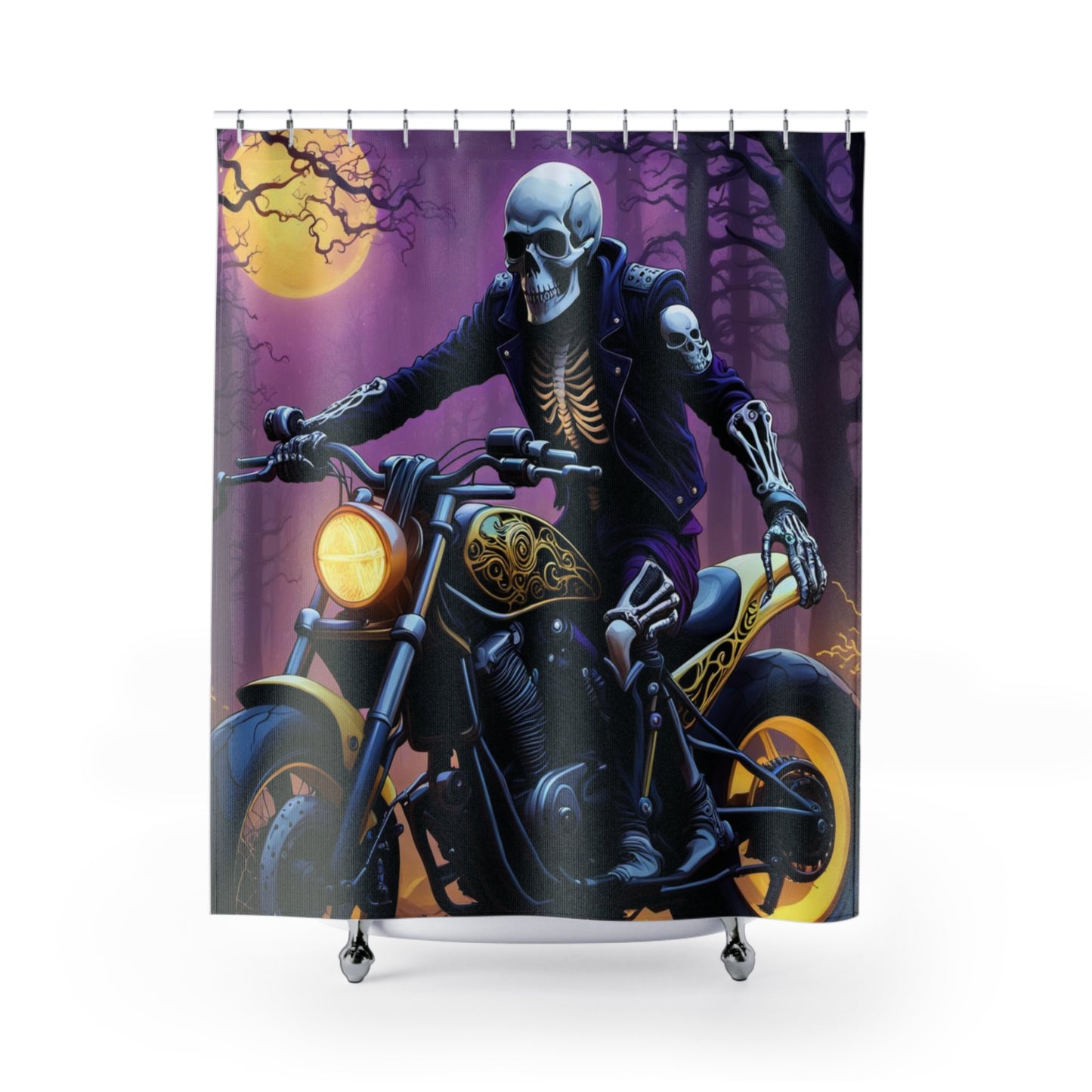 Skull Rider Shower Curtain, Gothic Motorcycle Bathroom Decor, Purple Night Sky Bathroom Accessory, Edgy Skull and Moon Design Curtain, Midnight Biker Shower Curtain.