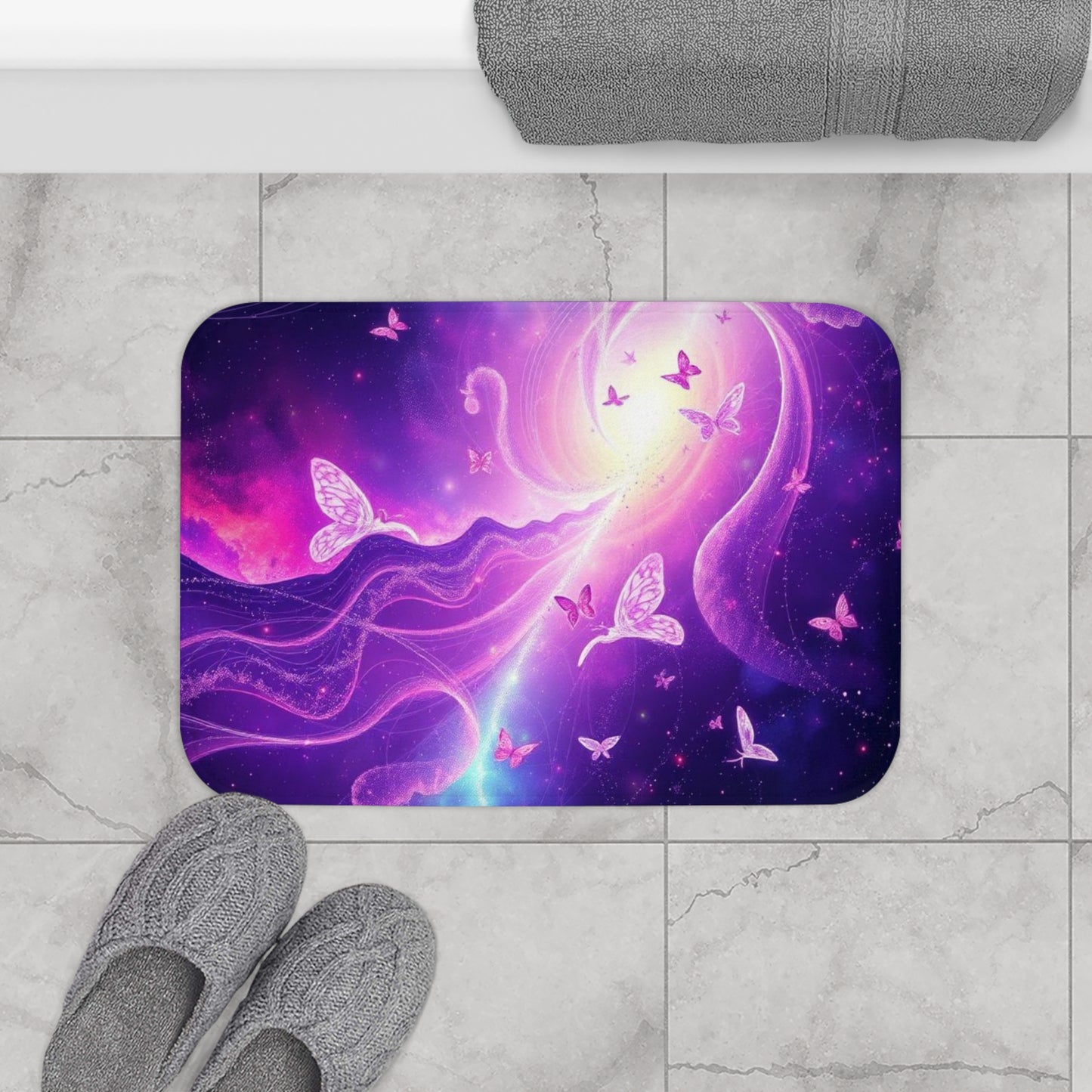 #ButterflyBathmat #GalaxyBathmat #CosmicBathroom #MysticalBathmat #GalaxyAndButterflies #WhimsicalBathroomDecor #SpaceThemeBathmat #ButterflyGalaxyDesign, Bathmat