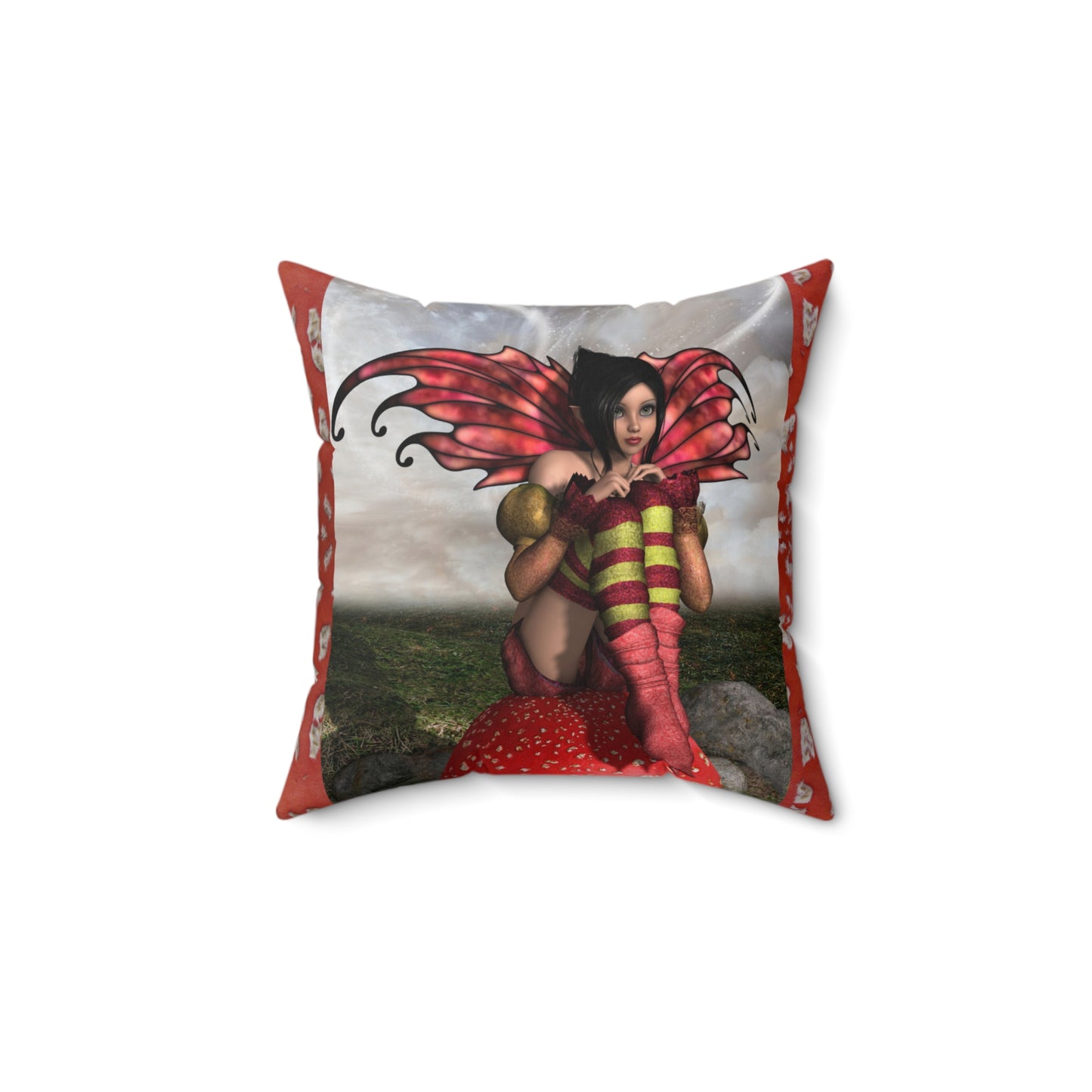 Fairy Faux Suede Pillow, Red Mushroom Decorative Cushion, Whimsical Home Decor Pillow, Fantasy-Inspired Throw Pillow, Enchanted Fairy Forest Cushion.