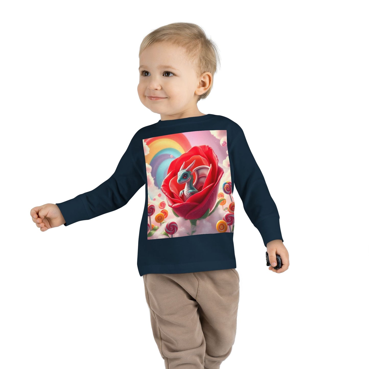 Toddler dragon tee, Toddler long-sleeved shirt, Soft and comfy tee, Mythical creature shirt, for kids Fantasy-themed toddler wear, Dragon and rose design, Toddler Long Sleeve Tee