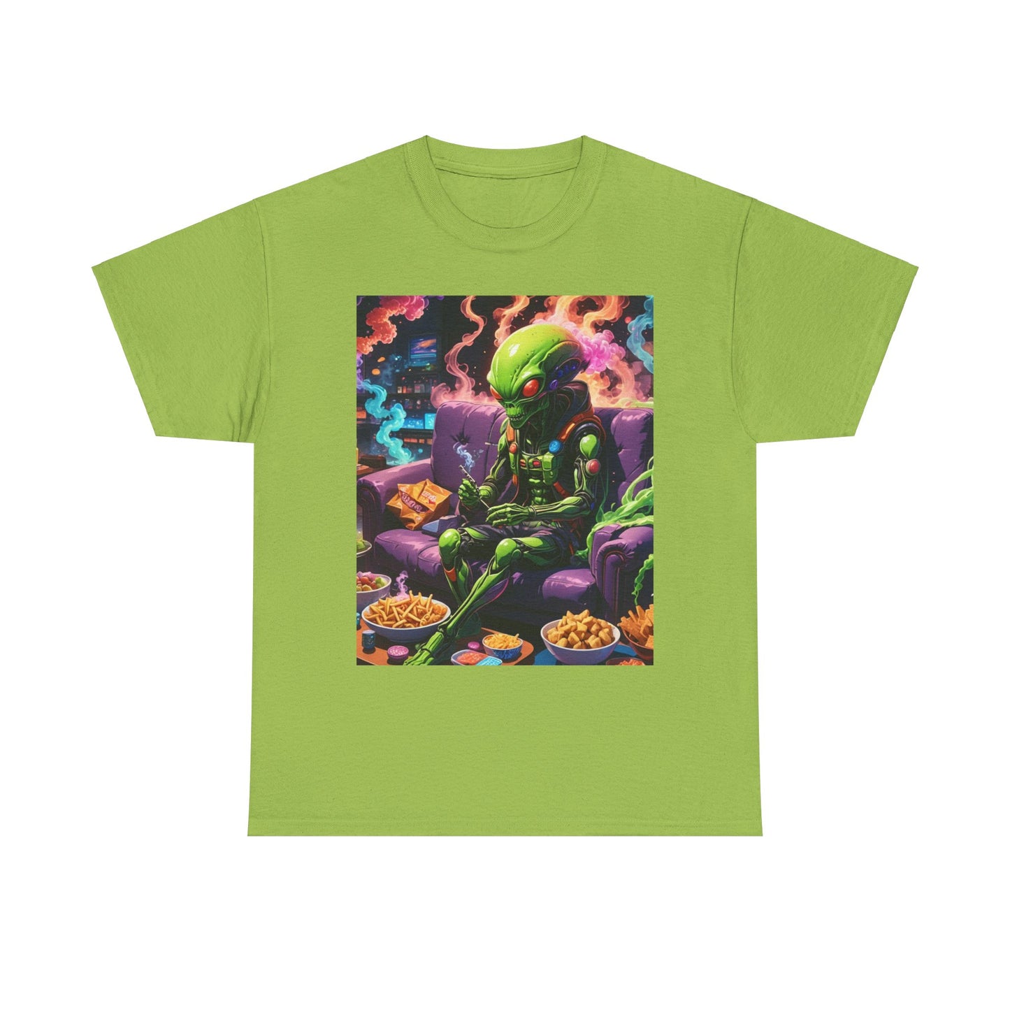 Alien Chilling Weed Tee, Fun Graphic Alien T-Shirt, Colorful Smoke Alien Design Shirt, Unique Weed-Themed Clothing, Unisex Heavy Cotton Tee.