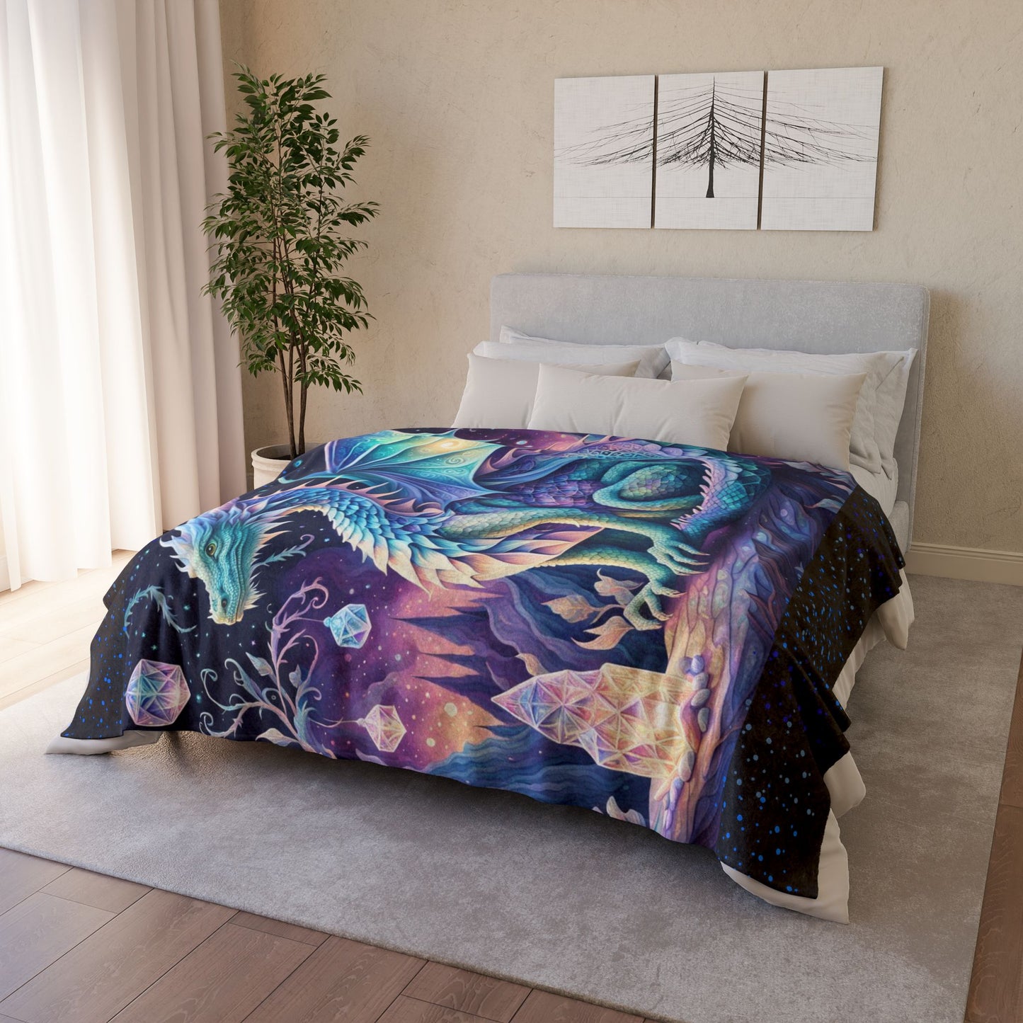 Dragon blanket, Crystal garden Fantasy blanket, Soft polyester blanket, Cozy bedding, Mythical creatures Fantasy décor, Crystal-themed blanket, Soft Polyester Blanket.