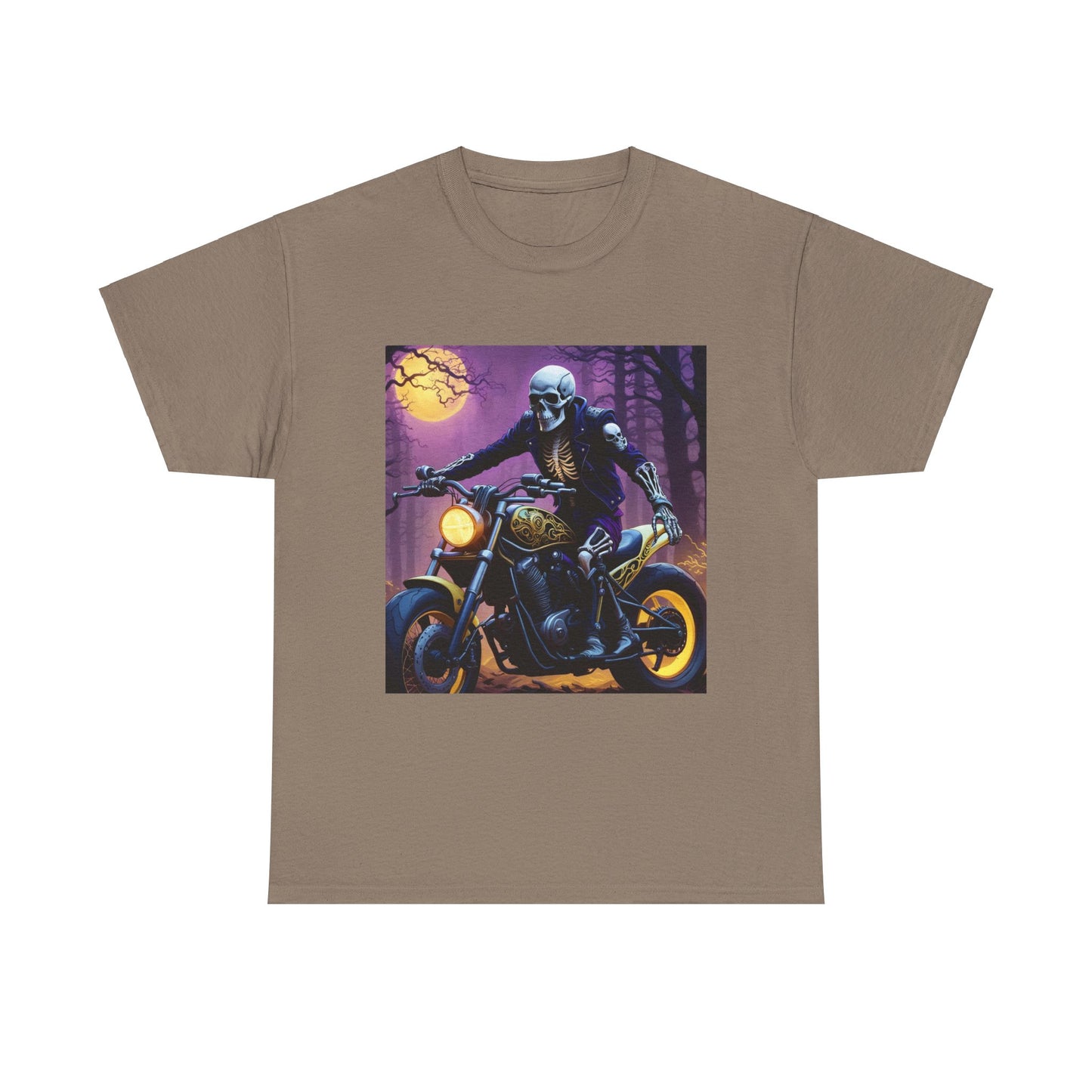 Skull Rider Graphic Tee, Midnight Biker T-Shirt, Gothic Motorcycle Cotton Shirt, Edgy Skull and Bike Design Shirt, Gothic Moon and Motorcycle Shirt.