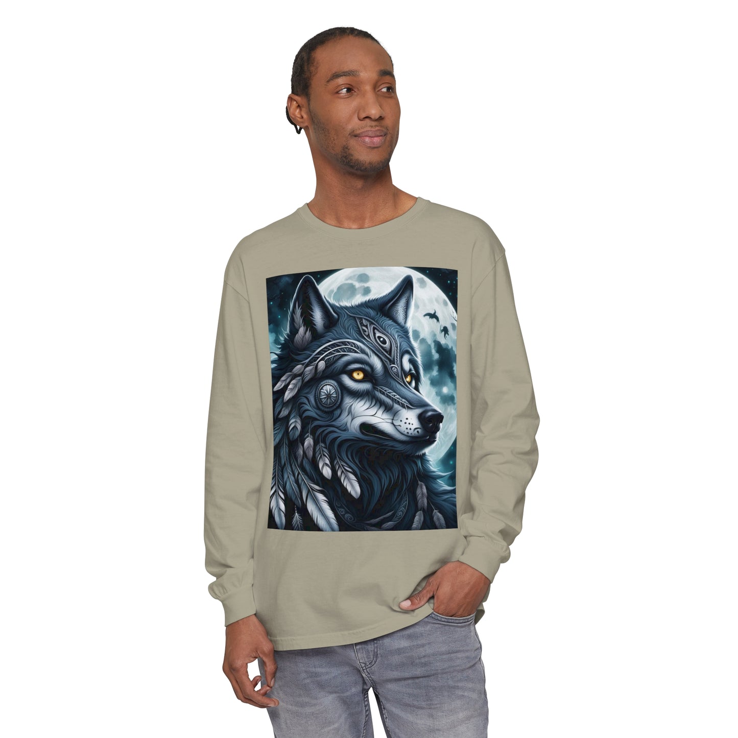 Long-Sleeved Tee Spirit Wolf Shirt, Indian Wolf Design Tribal Headdress Tee, Black and White Apparel, Casual Long Sleeve Wolf Top, Artistic Wolf Design.