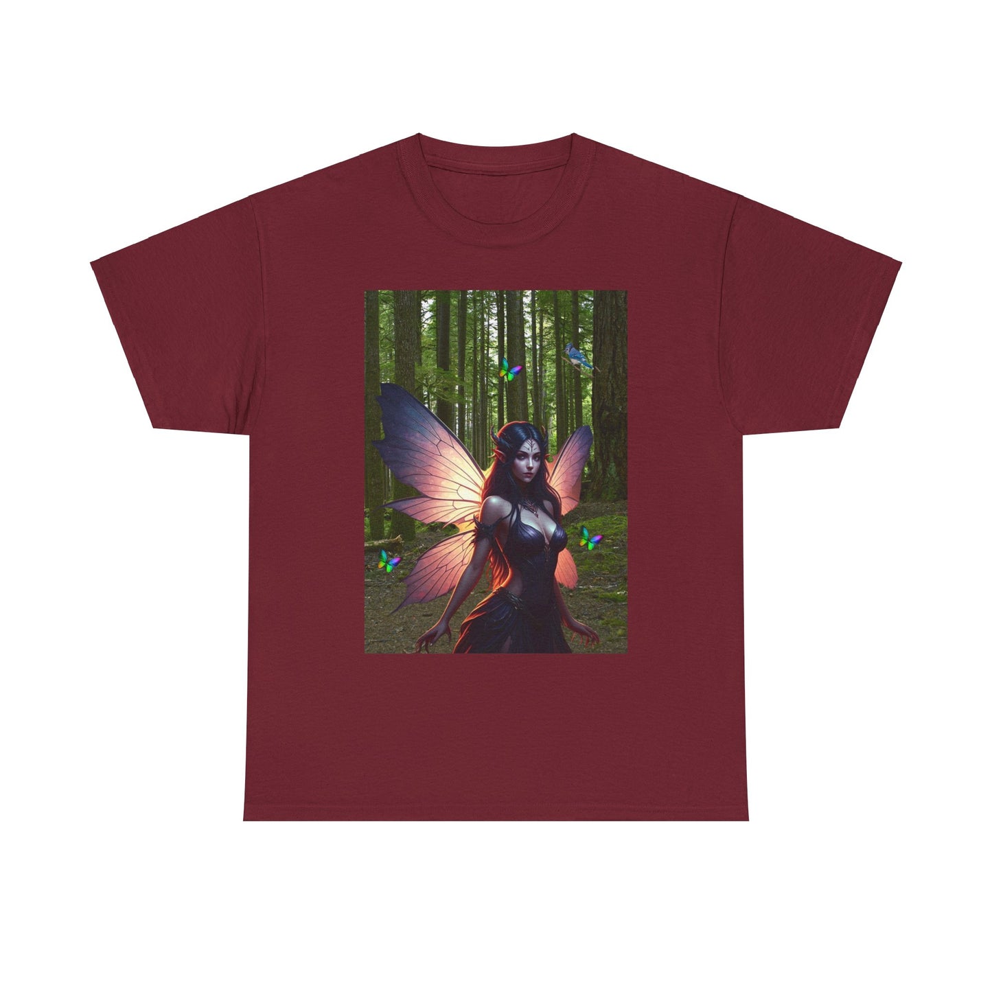 Fairy in the Woods Tee, Unisex Fantasy Tee, Rainbow Butterflies Shirt, Unisex Heavy Cotton Tee, Fairy gift Idea for her, Enchanted Tee.