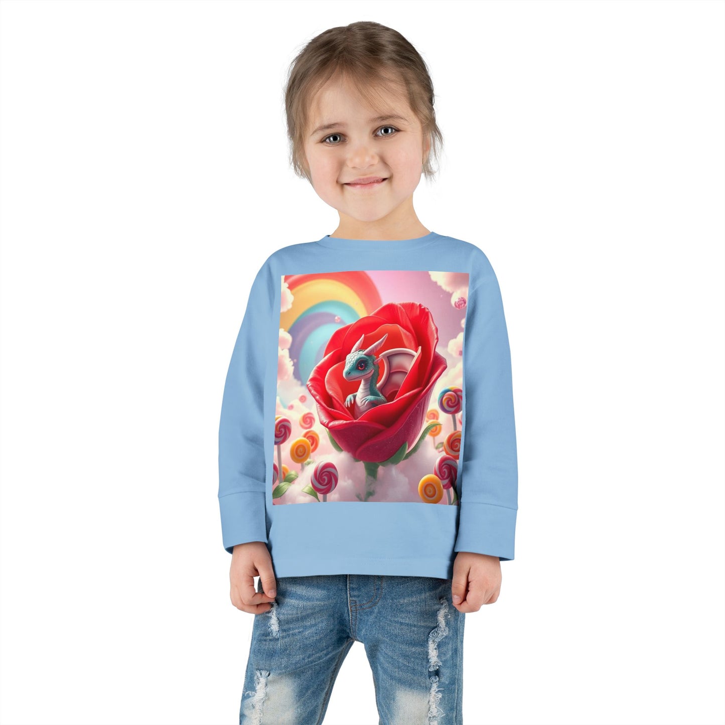 Toddler dragon tee, Toddler long-sleeved shirt, Soft and comfy tee, Mythical creature shirt, for kids Fantasy-themed toddler wear, Dragon and rose design, Toddler Long Sleeve Tee