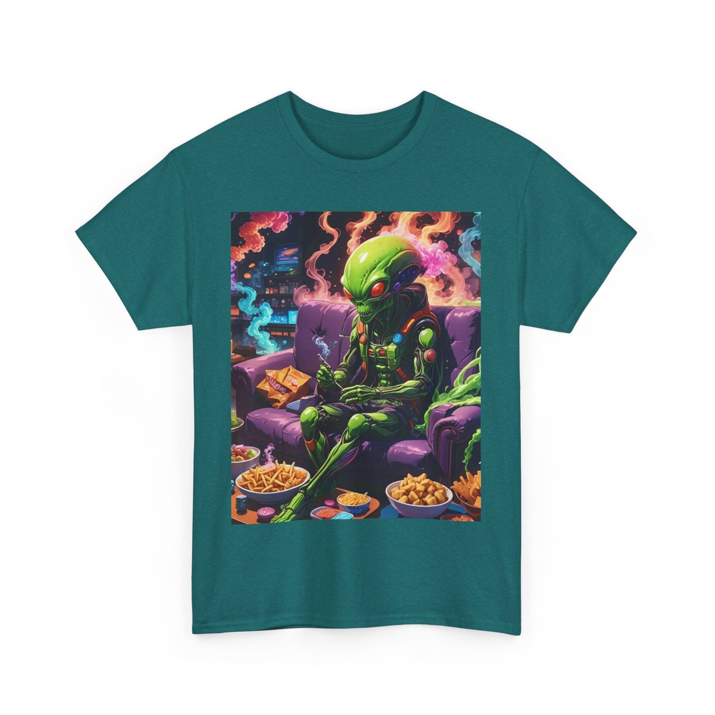 Alien Chilling Weed Tee, Fun Graphic Alien T-Shirt, Colorful Smoke Alien Design Shirt, Unique Weed-Themed Clothing, Unisex Heavy Cotton Tee.