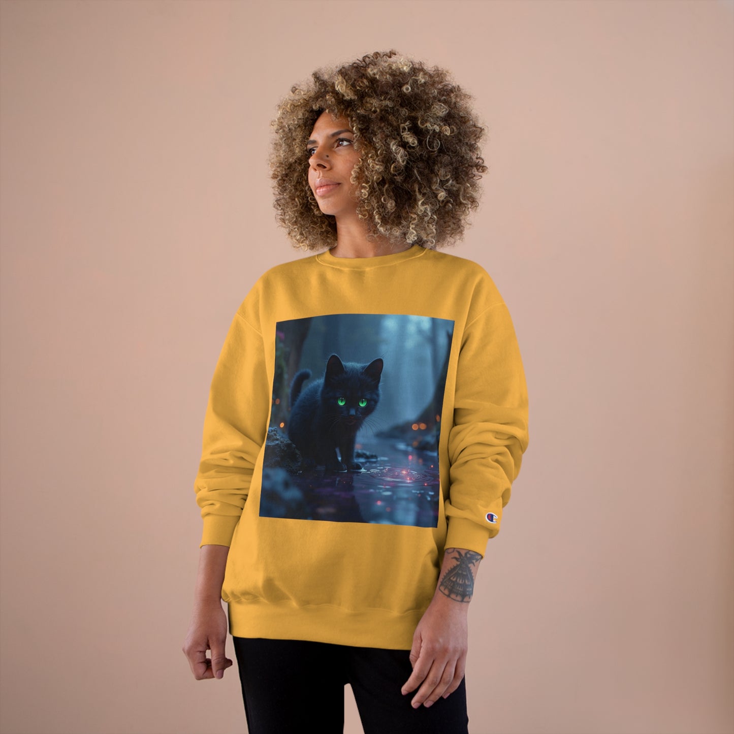 #BlackCatSweatshirt, #CatApparel, #BlackCatMagic, #CatFashion, #MysticalKitty, #FelineFashion, #BlackCatDesign, #WitchyVibes, #CatLoverStyle, #EnchantedCat, Champion Sweatshirt