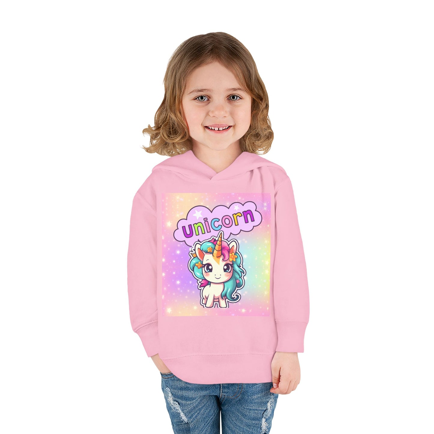 Toddler Unicorn Hoodie, Baby Unicorn Fleece Pullover, Rainbow Background Kids Hoodie, Cozy Toddler Unicorn Sweatshirt, Cute Unicorn Graphic Hoodie.