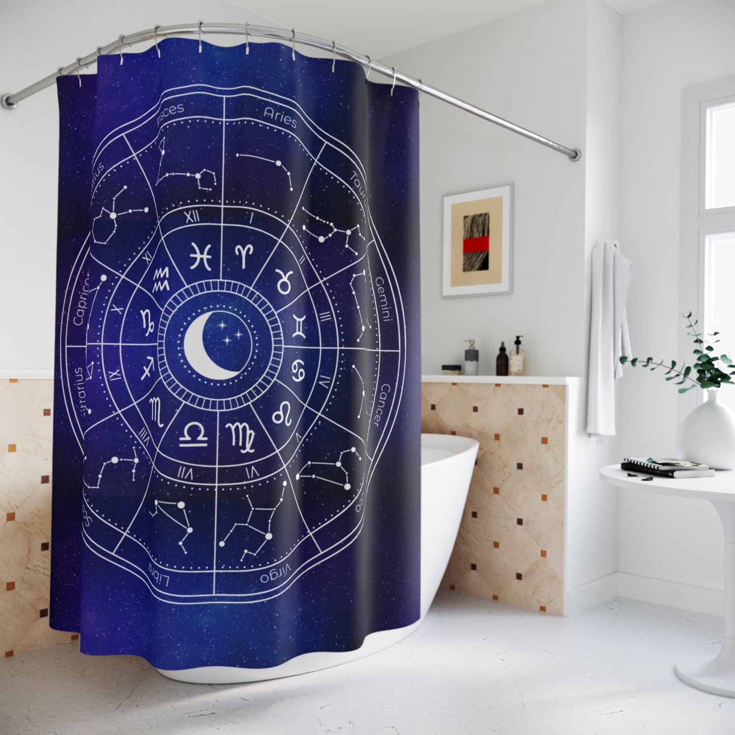 Star Signs Shower Curtain Birth Chart Zodiac Bathroom Decor Blue Galaxy Astrology Shower Curtain Horoscope-Inspired Bathroom Accessories Celestial Bathroom Shower Curtain