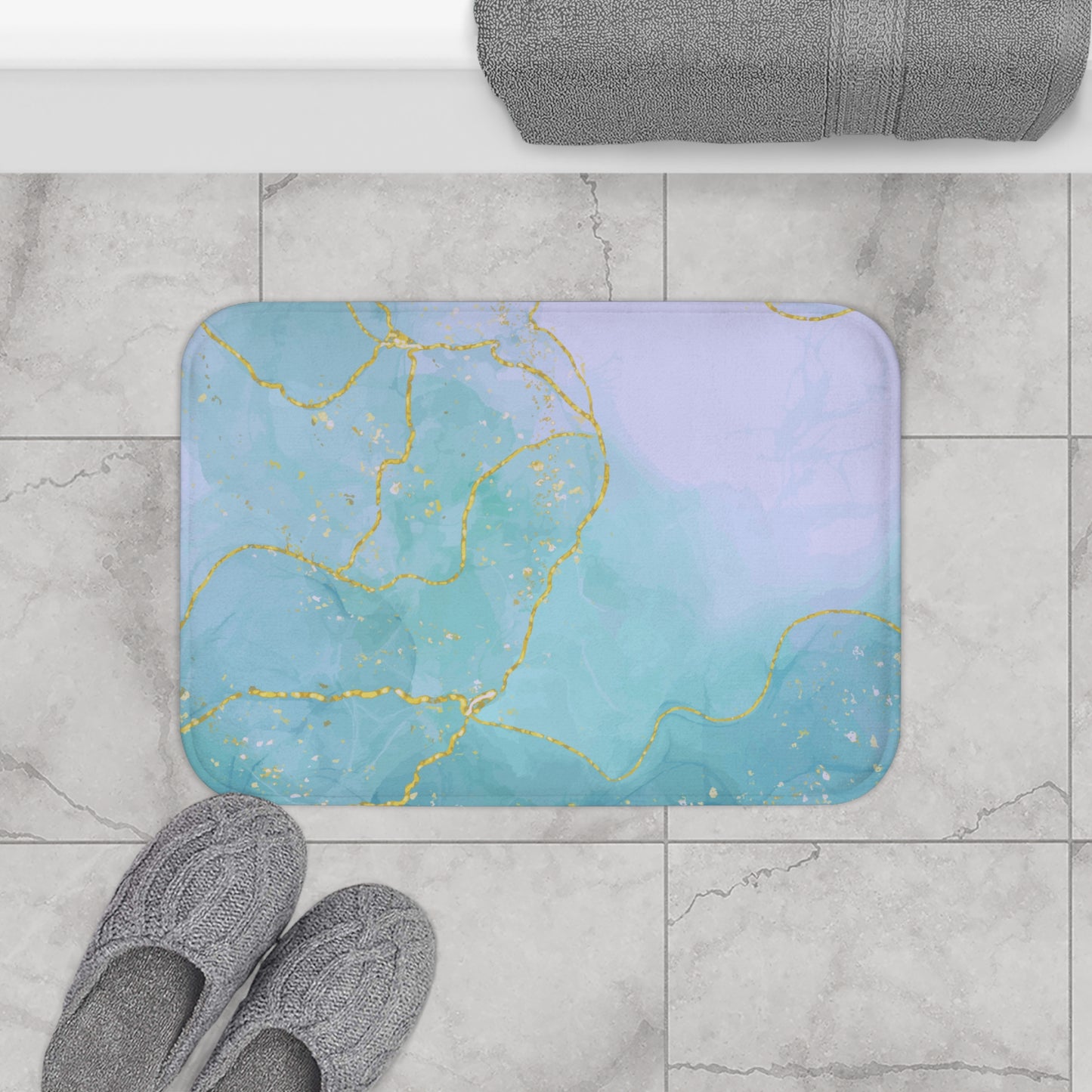 Turquoise Pink Gold Marble Bathmat, Luxurious Bathroom Floor Mat, Soft and Stylish Bath Rug, Elegant Marble Design Bathmat.