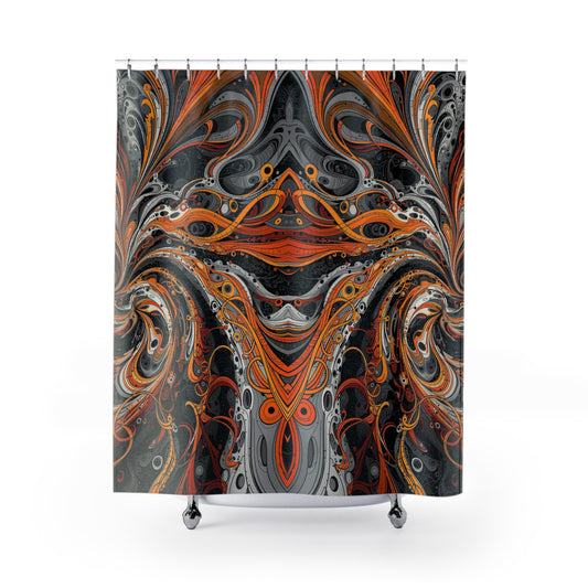 Shower curtain, Orange gray black shower curtain, Modern shower curtain, Trendy bathroom decor, Colorful bathroom accessories, Bold shower curtain.