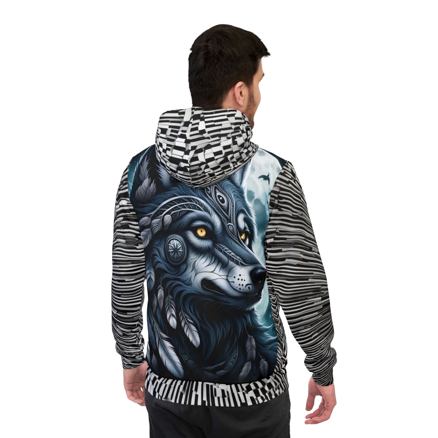 Wolf Feather Headdress Hoodie, Indiana Soul hoodie, All-Over Print Wolf Hoodie, Black and White Pattern Hoodie, Tribal Wolf Design Sweatshirt, Athletic Hoodie (AOP)