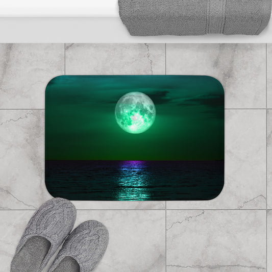 Full Moon Bathmat, Green Night Sky Bathmat, Moonlight Reflection Bathmat, Rainbow Reflection, Bathroom Decor Celestial bathmat, bathroom Housewarming gift.