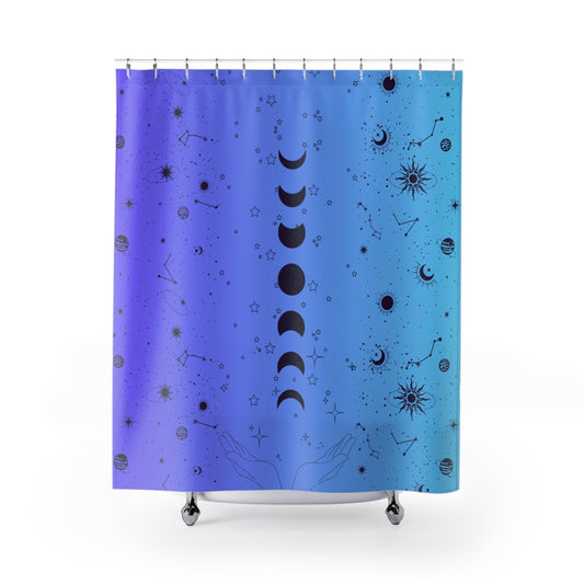 Purple and Aqua Shower Curtain, Moon Phases Bathroom Decor, Star Signs Shower Curtain, Astrology-Themed Bathroom Accessories,