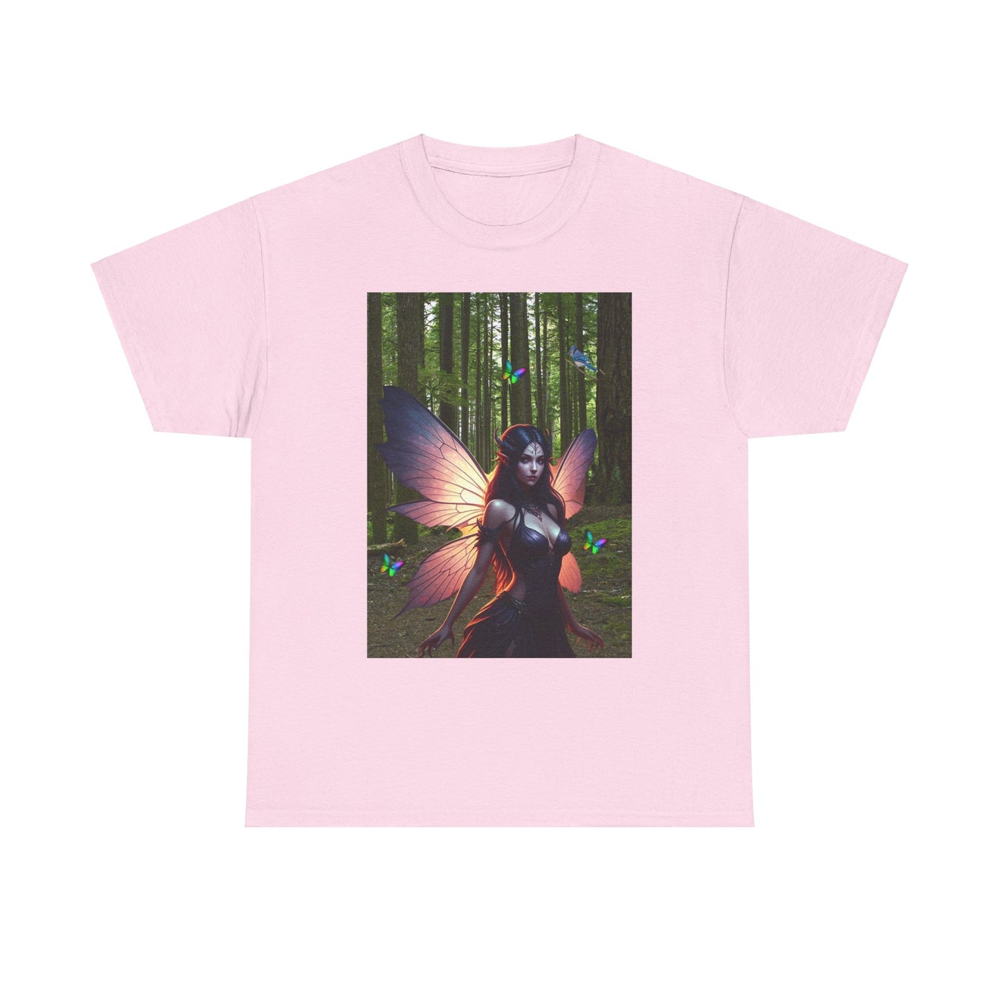 Fairy in the Woods Tee, Unisex Fantasy Tee, Rainbow Butterflies Shirt, Unisex Heavy Cotton Tee, Fairy gift Idea for her, Enchanted Tee.