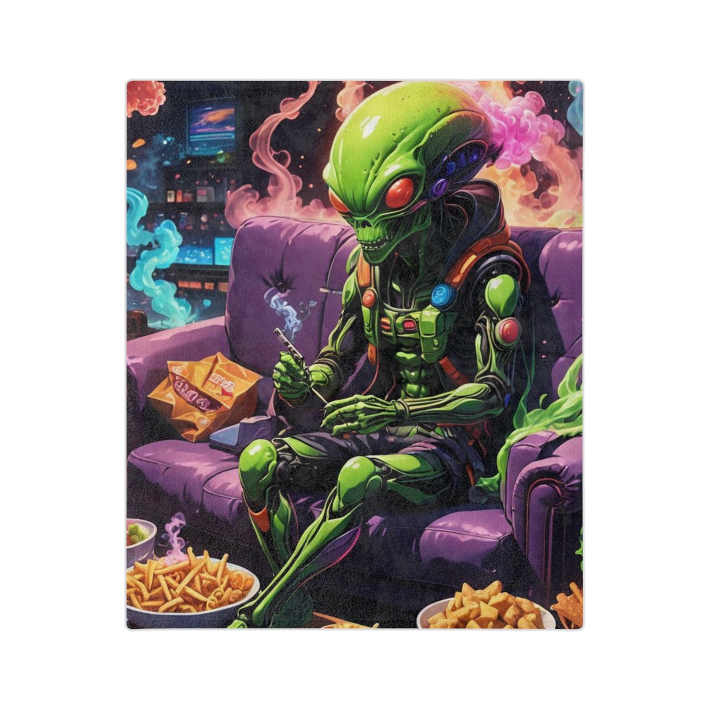 Fun and Quirky Alien Design Mary Jane Themed Blanket, Chill Vibes Velveteen Blanket, Velveteen Microfiber Blanket, Rainbow Smoke Cozy Blanket.