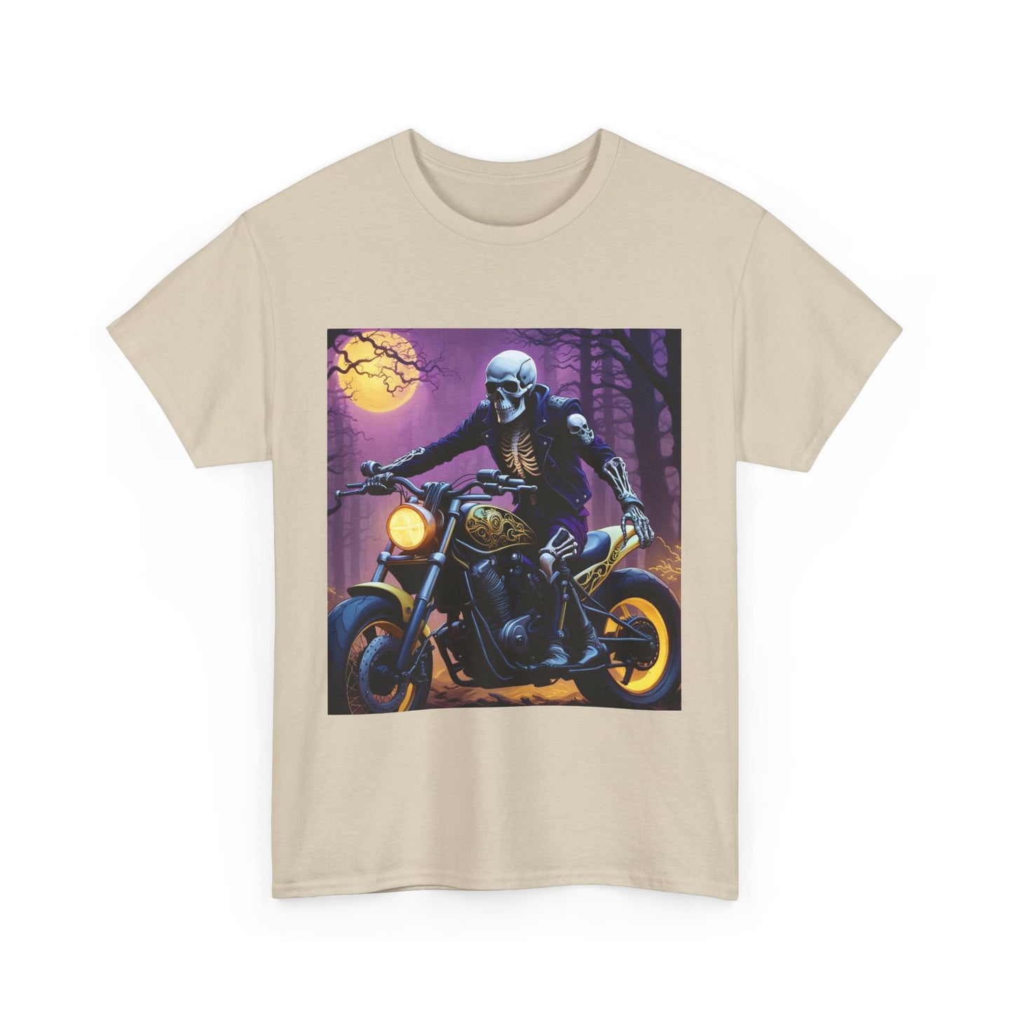 Skull Rider Graphic Tee, Midnight Biker T-Shirt, Gothic Motorcycle Cotton Shirt, Edgy Skull and Bike Design Shirt, Gothic Moon and Motorcycle Shirt.