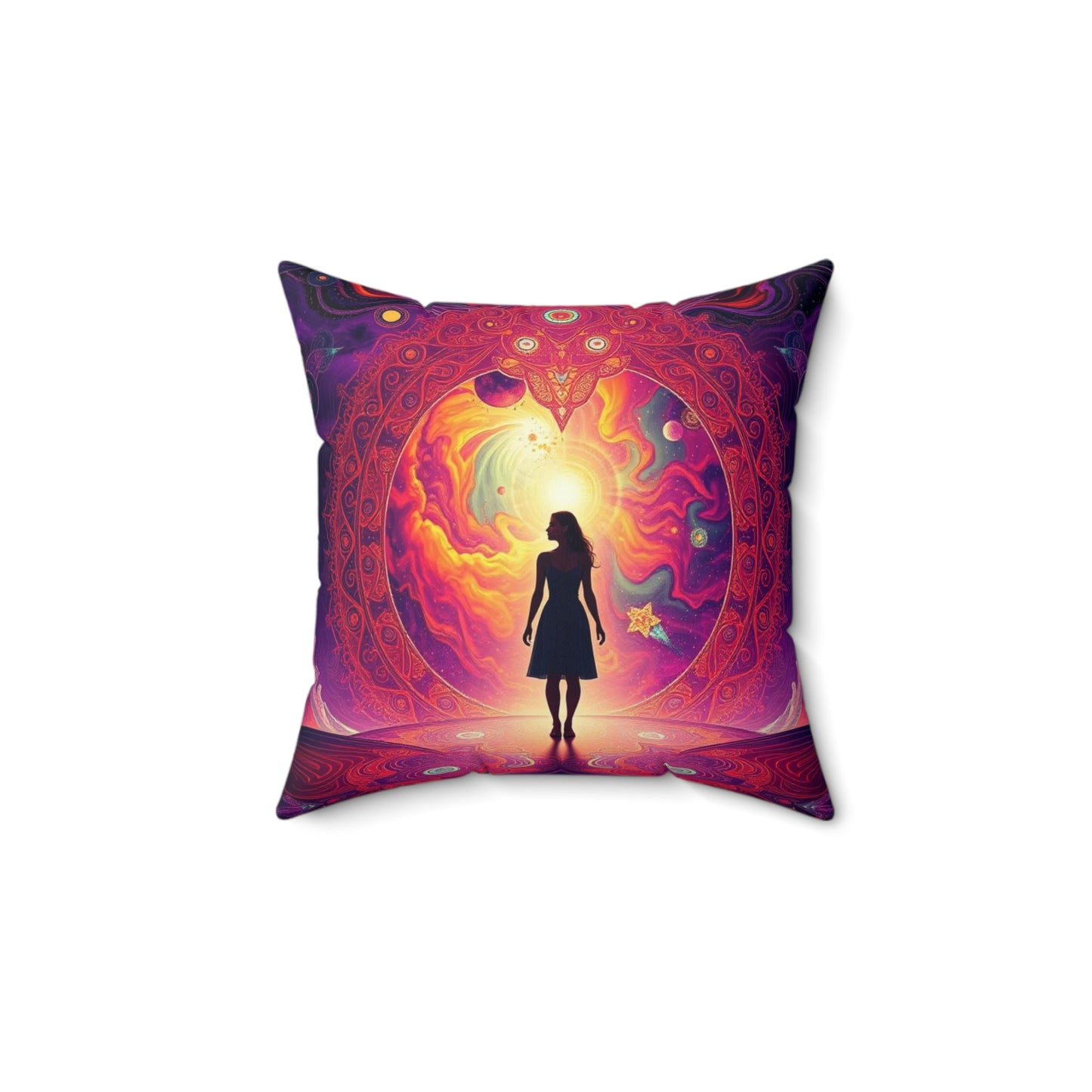 Mystical galaxy pillow, Woman on altar decor Celestial decorative pillow, Spiritual cosmic design, Sun rising galaxy pillow, Ethereal space decor, Spun Polyester Square Pillow.