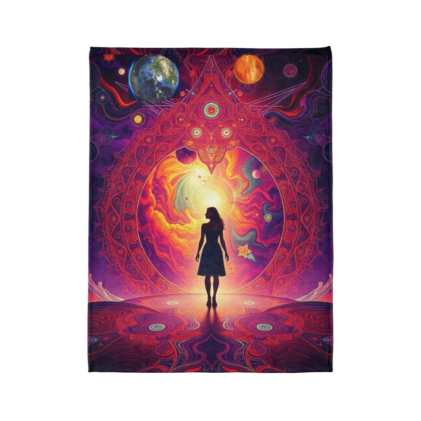 Galaxy-themed blanket, Mystical altar design, Woman in space Spiritual deco,Soft Polyester Blanketr Cosmic, scene Celestial Blanket, sunrise Universe and stars Blanket, Sun rising in galaxy.