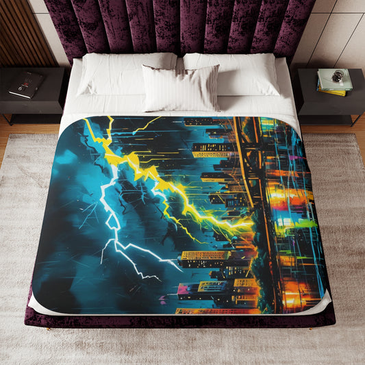 lightning storm blanket, cityscape blanket, thunderstorm design, sherpa blanket, urban landscape blanket, cozy storm blanket, lightning crash blanket, Sherpa Blanket, Two Colors