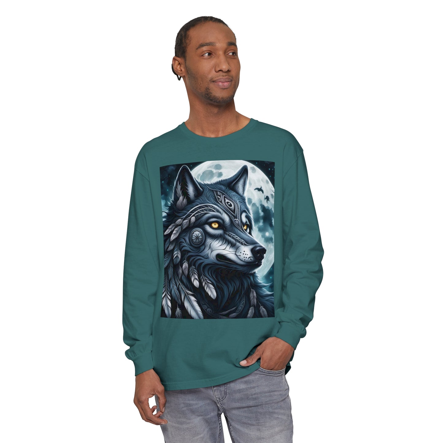 Long-Sleeved Tee Spirit Wolf Shirt, Indian Wolf Design Tribal Headdress Tee, Black and White Apparel, Casual Long Sleeve Wolf Top, Artistic Wolf Design.