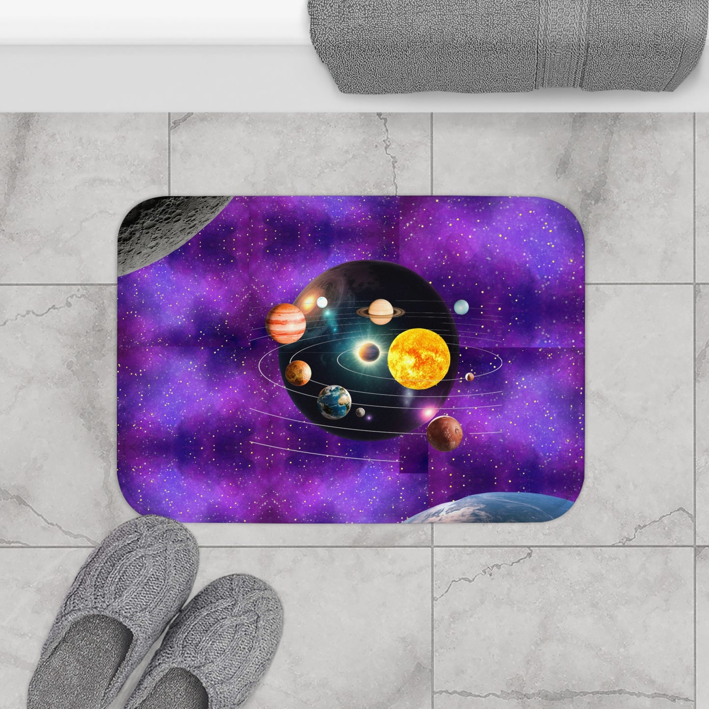 Planets Bathmat, Outer Space Shower Mat, Cosmic Bathroom Decor, Space-Themed Bathmat, Solar System Bathroom Accessories, Housewarming Gift.