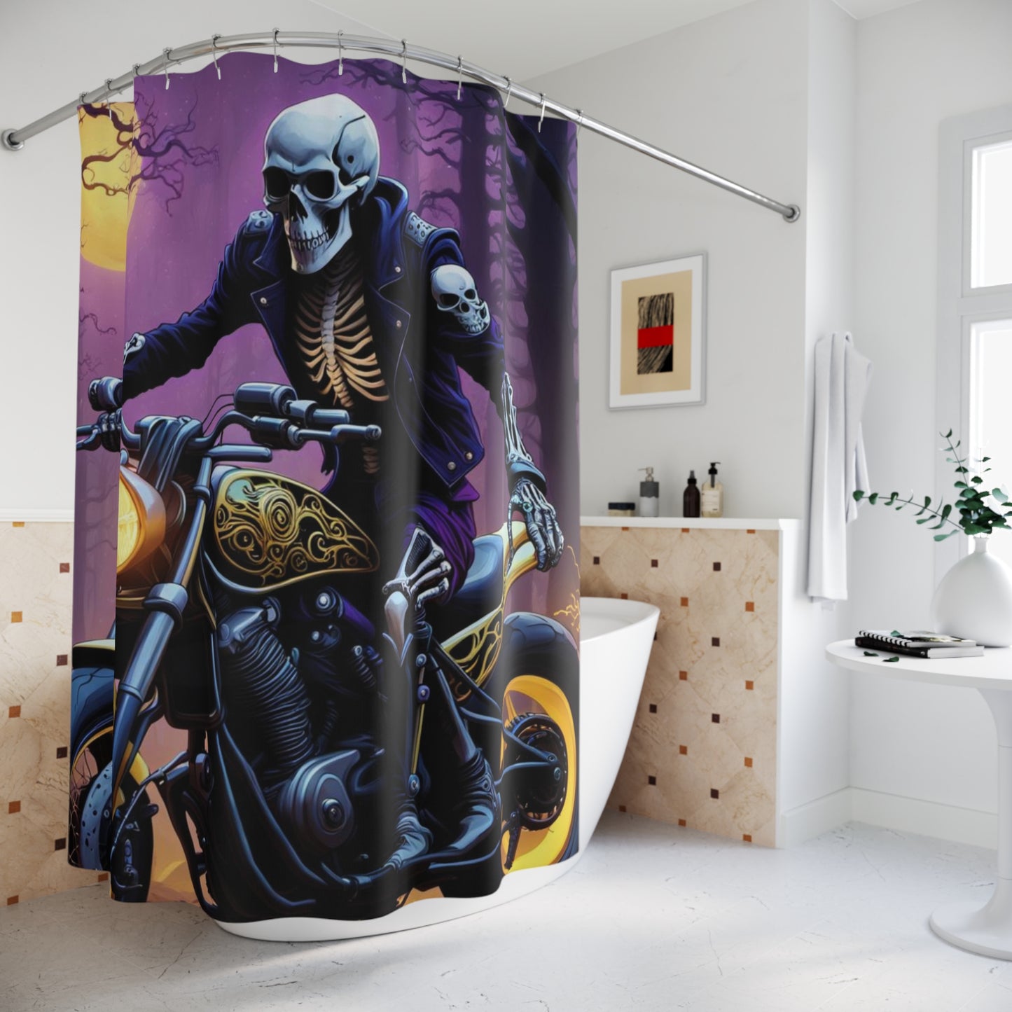 Skull Rider Shower Curtain, Gothic Motorcycle Bathroom Decor, Purple Night Sky Bathroom Accessory, Edgy Skull and Moon Design Curtain, Midnight Biker Shower Curtain.