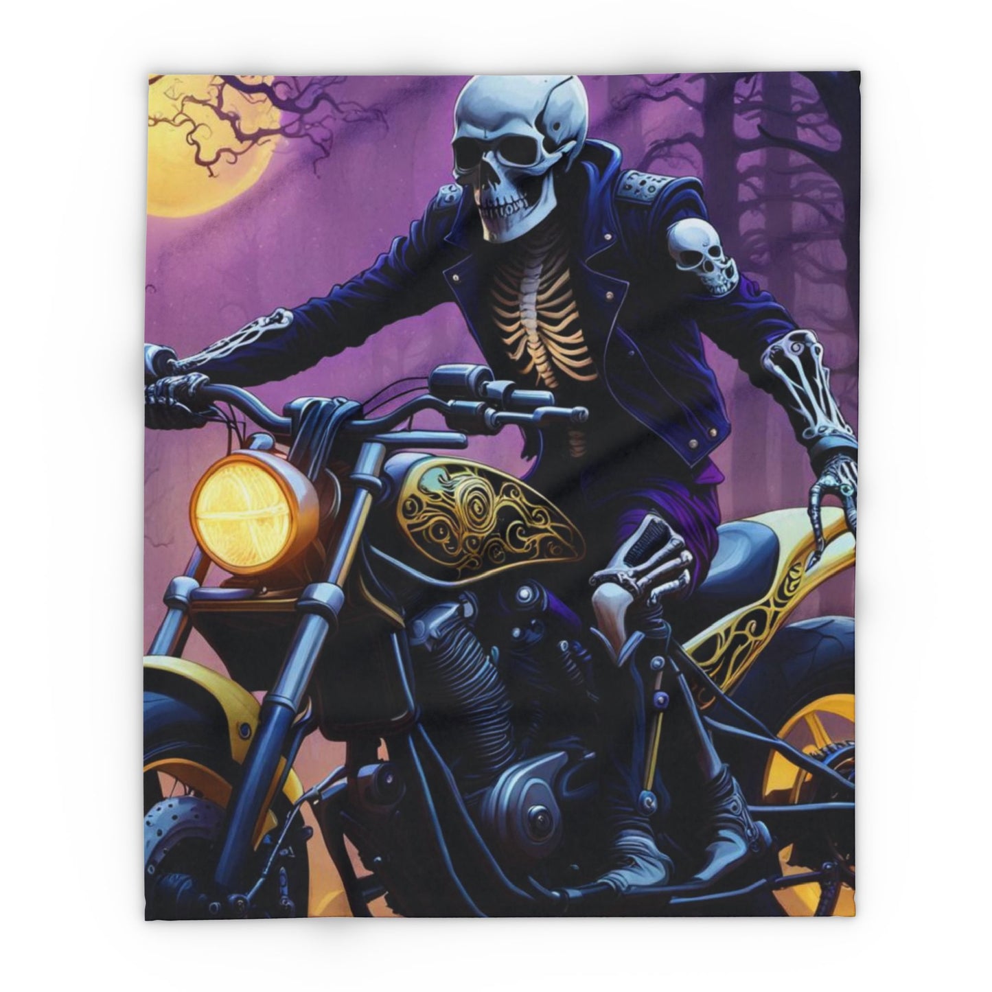 Gothic Motorcycle Cozy Throw, Purple and Gold Bike Blanket, Midnight Skull Rider Blanket, Edgy Gothic Night Sky Decor Soft Fleece, Skull Biker Blanket.